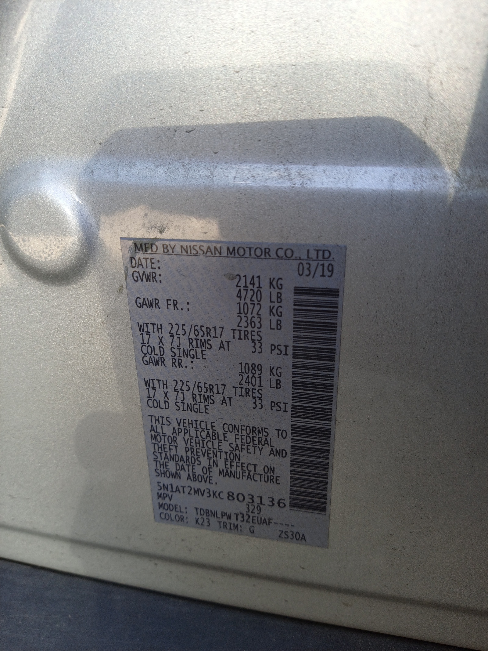 Photo 10 from auction – 2019 NISSAN ROGUE S with VIN 5N1AT2MV3KC803136