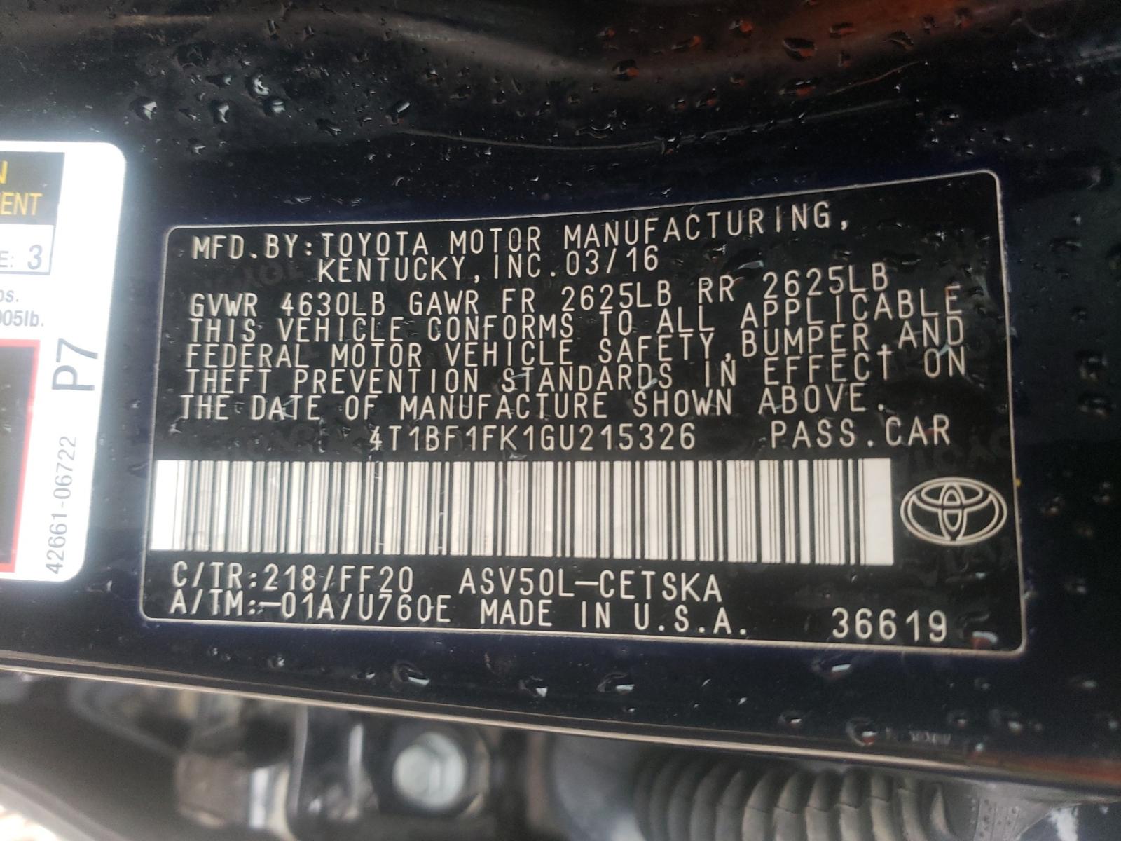 Photo 10 from auction – 2016 TOYOTA CAMRY LE with VIN 4T1BF1FK1GU215326