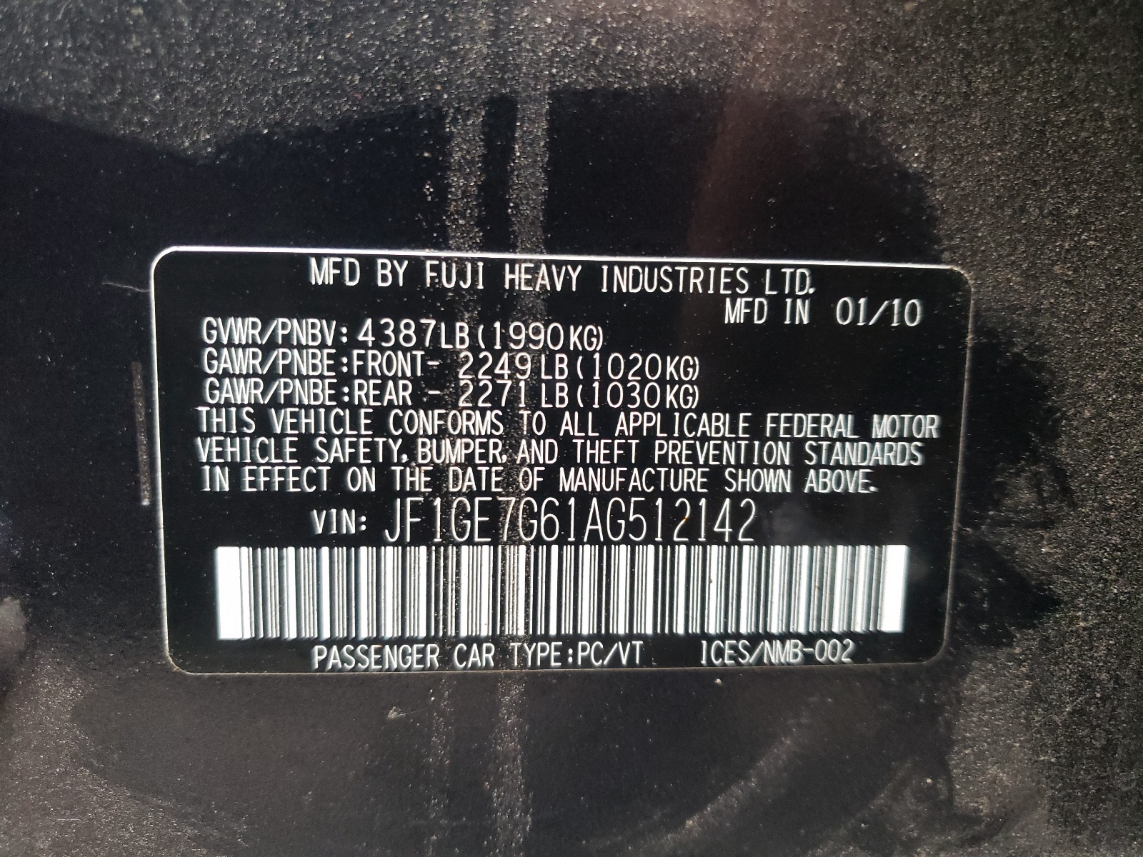 Photo 10 from auction – 2010 SUBARU IMPREZA WR with VIN JF1GE7G61AG512142