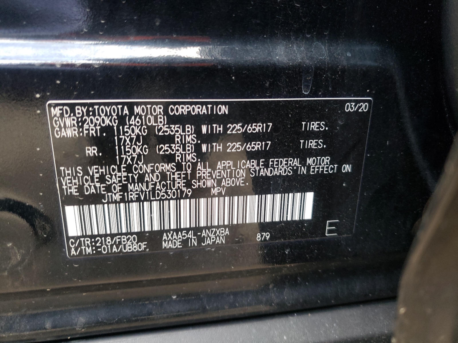 Photo 10 from auction – 2020 TOYOTA RAV4 LE with VIN JTMF1RFV1LD530179
