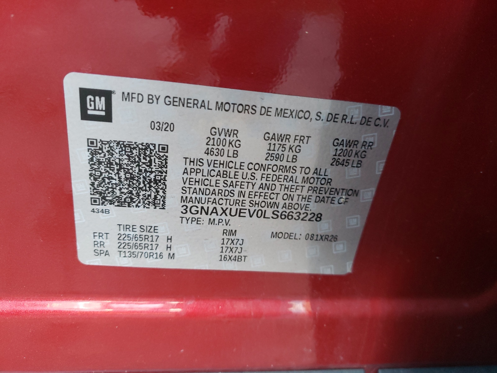 Photo 10 from auction – 2020 CHEVROLET EQUINOX LT with VIN 3GNAXUEV0LS663228