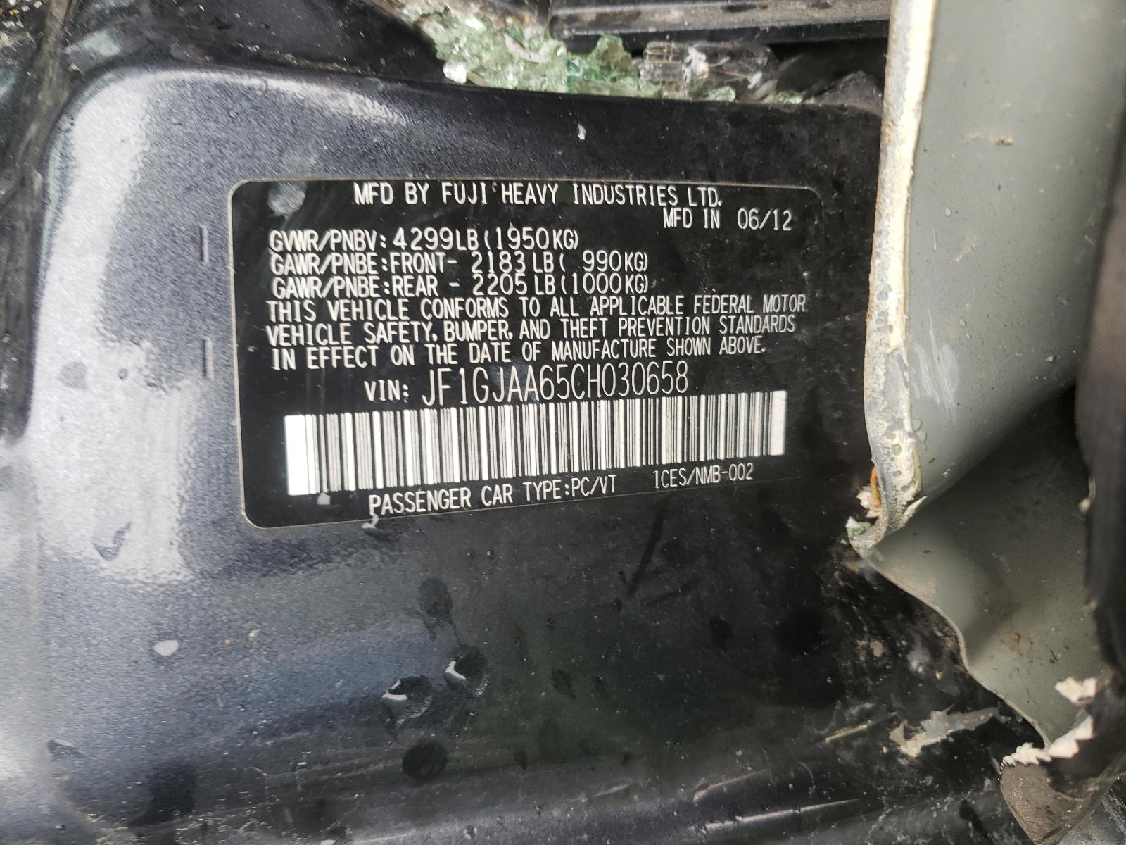Photo 10 from auction – 2012 SUBARU IMPREZA with VIN JF1GJAA65CH030658