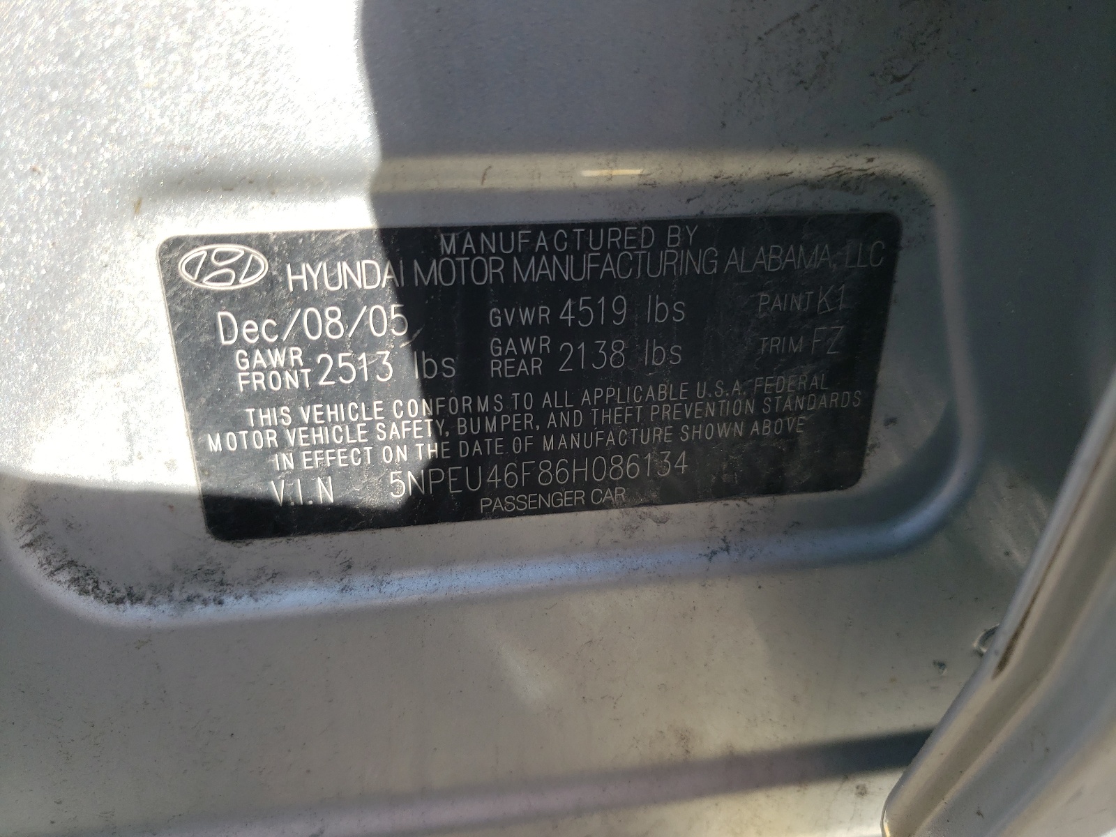Photo 10 from auction – 2006 HYUNDAI SONATA GLS with VIN 5NPEU46F86H086134