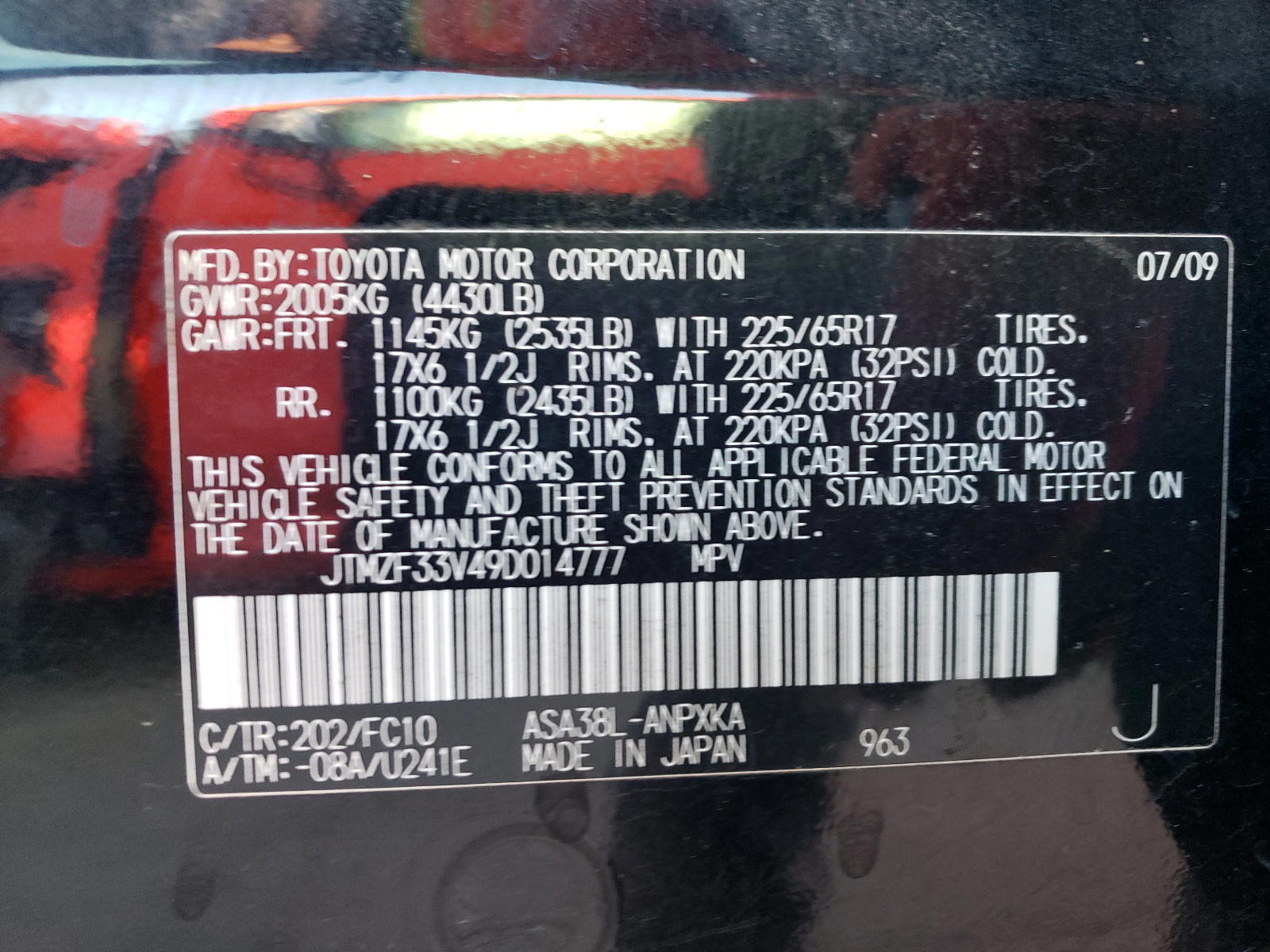 Photo 10 from auction – 2009 TOYOTA RAV4 with VIN JTMZF33V49D014777