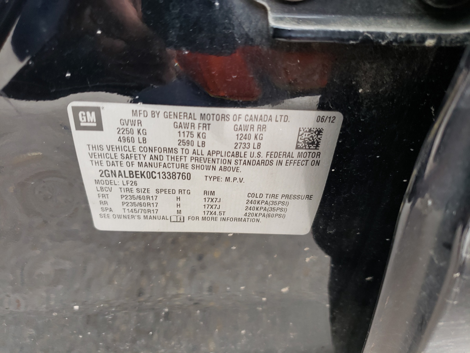 Photo 10 from auction – 2012 CHEVROLET EQUINOX LS with VIN 2GNALBEK0C1338760