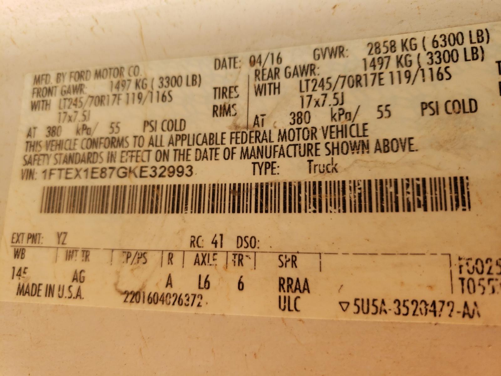 Photo 10 from auction – 2016 FORD F150 SUPER with VIN 1FTEX1E87GKE32993