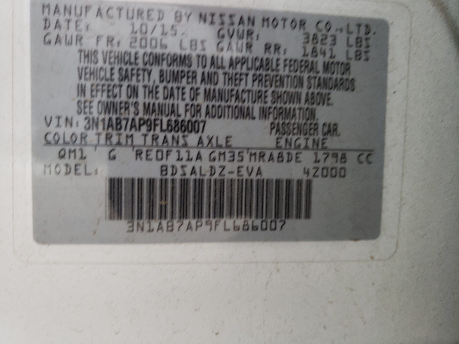 Photo 10 from auction – 2015 NISSAN SENTRA S with VIN 3N1AB7AP9FL686007