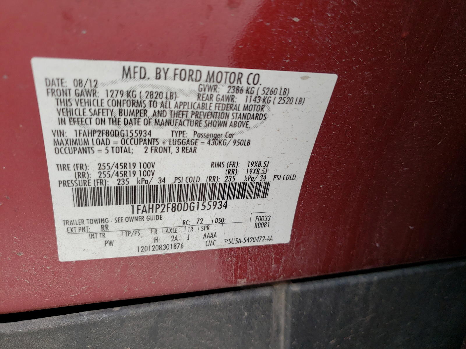 Photo 10 from auction – 2013 FORD TAURUS LIM with VIN 1FAHP2F80DG155934