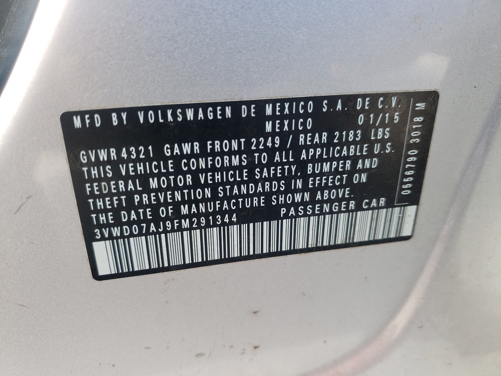Photo 10 from auction – 2015 VOLKSWAGEN JETTA SE with VIN 3VWD07AJ9FM291344