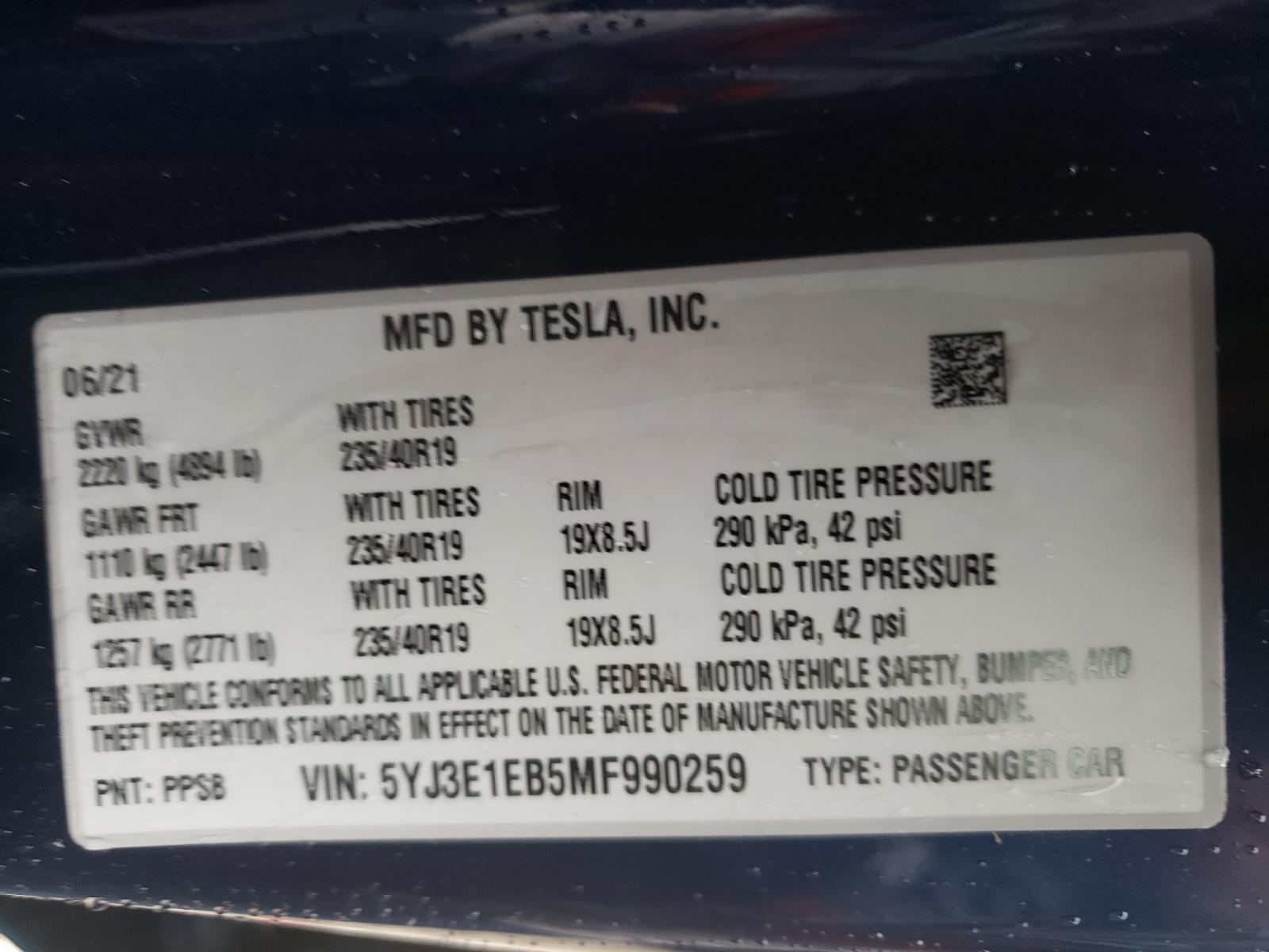 Photo 10 from auction – 2021 TESLA MODEL 3 with VIN 5YJ3E1EB5MF990259