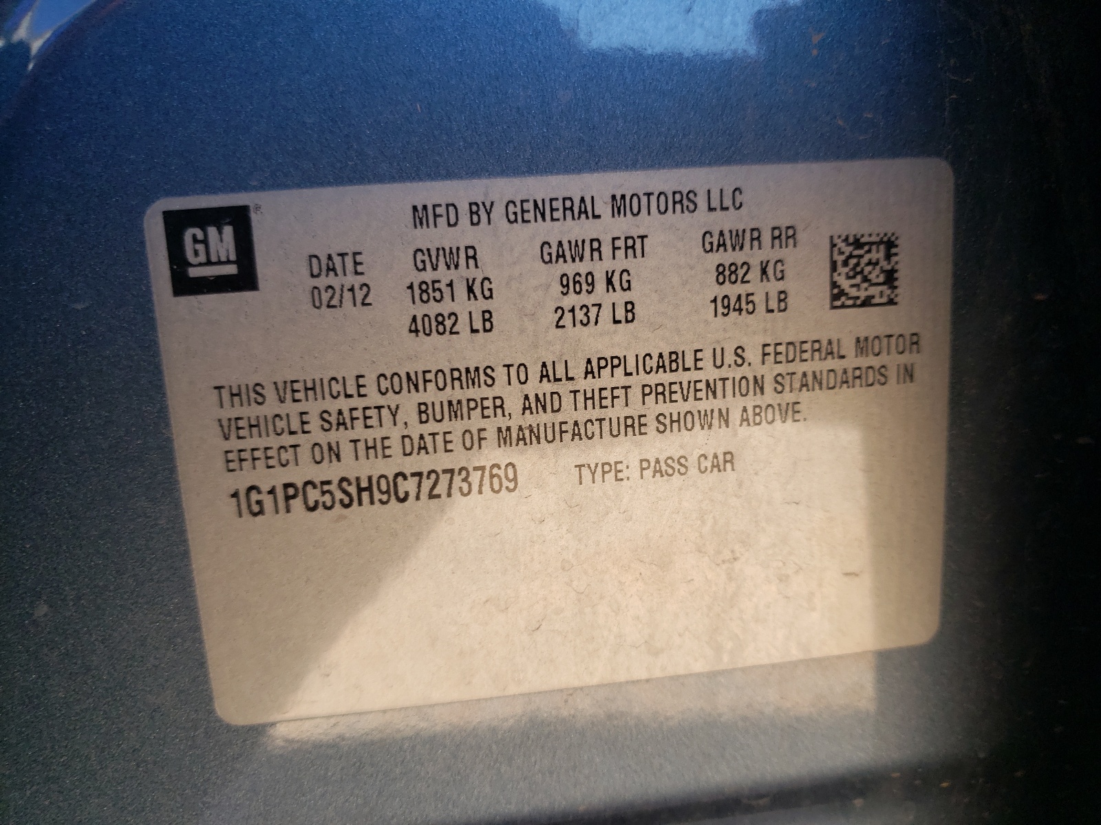 Photo 10 from auction – 2012 CHEVROLET CRUZE LS with VIN 1G1PC5SH9C7273769