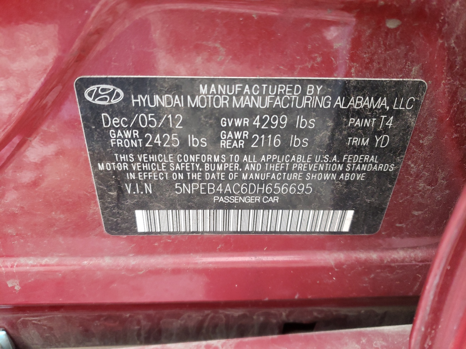 Photo 10 from auction – 2013 HYUNDAI SONATA GLS with VIN 5NPEB4AC6DH656695