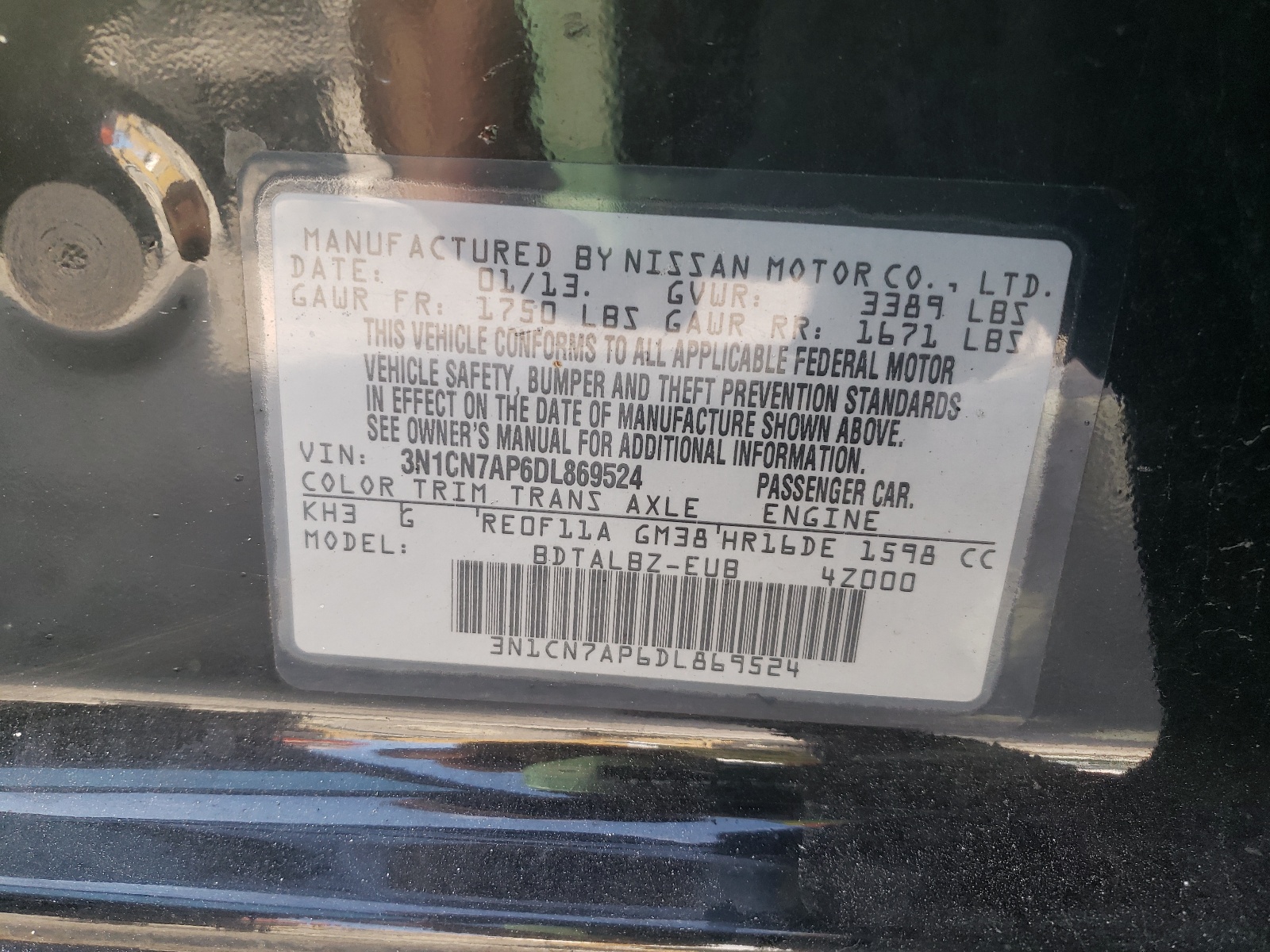 Photo 10 from auction – 2013 NISSAN VERSA S with VIN 3N1CN7AP6DL869524