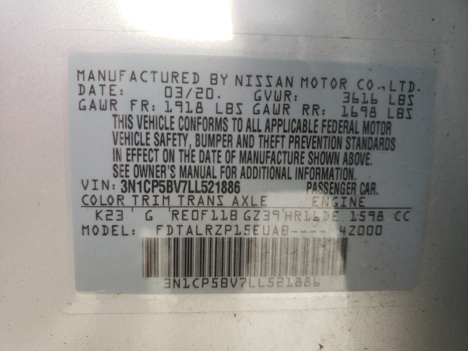 Photo 10 from auction – 2020 NISSAN KICKS S with VIN 3N1CP5BV7LL521886
