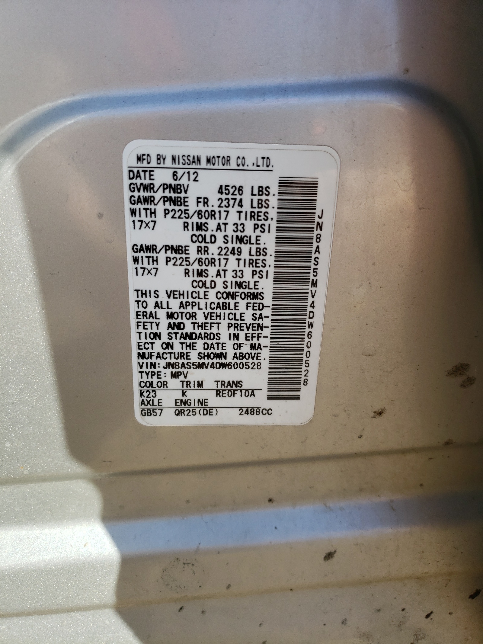 Photo 10 from auction – 2013 NISSAN ROGUE S with VIN JN8AS5MV4DW600528