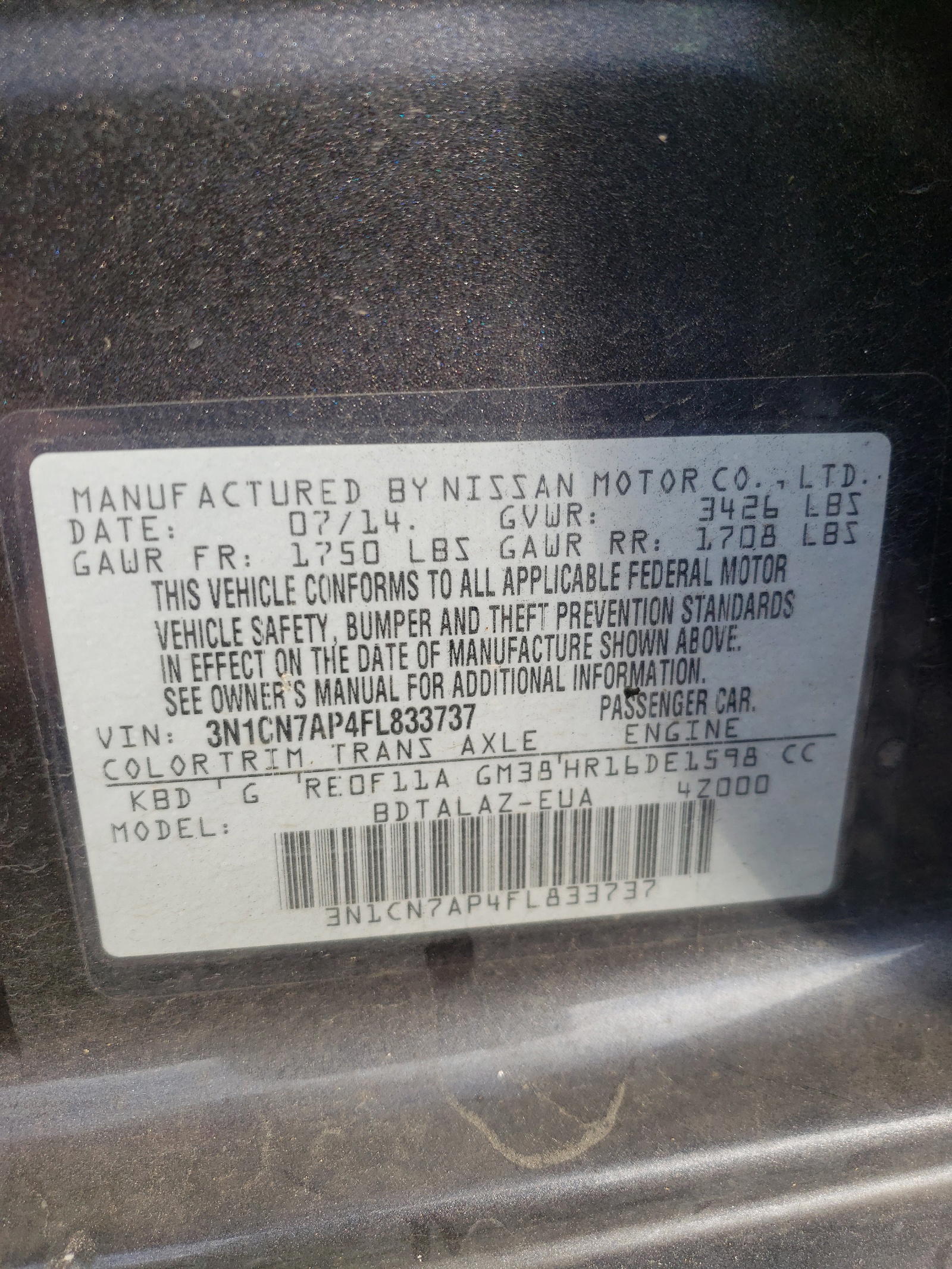 Photo 10 from auction – 2015 NISSAN VERSA S with VIN 3N1CN7AP4FL833737