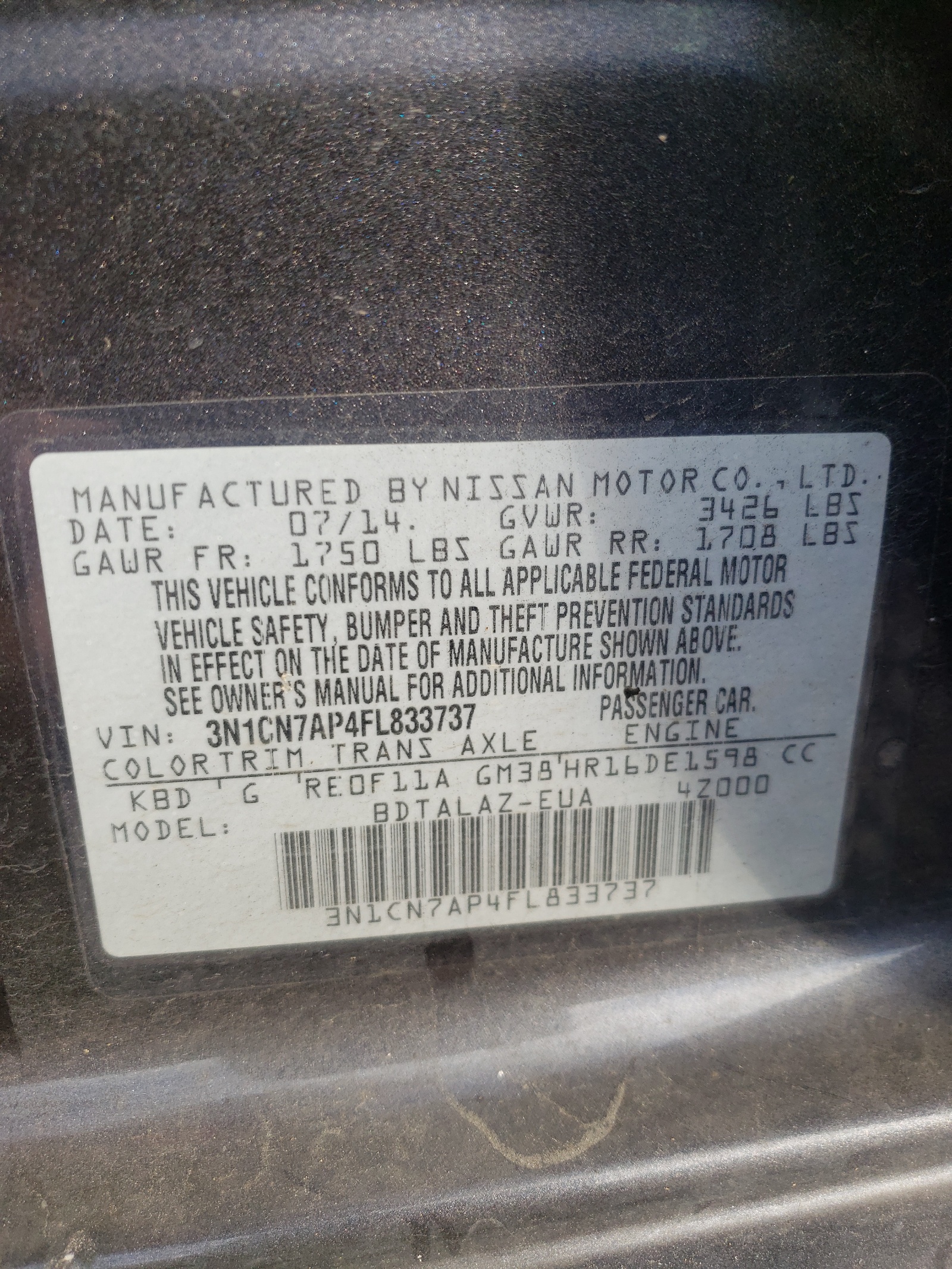 Zdjęcie 10 z aukcji – 2015 NISSAN VERSA S z VIN 3N1CN7AP4FL833737