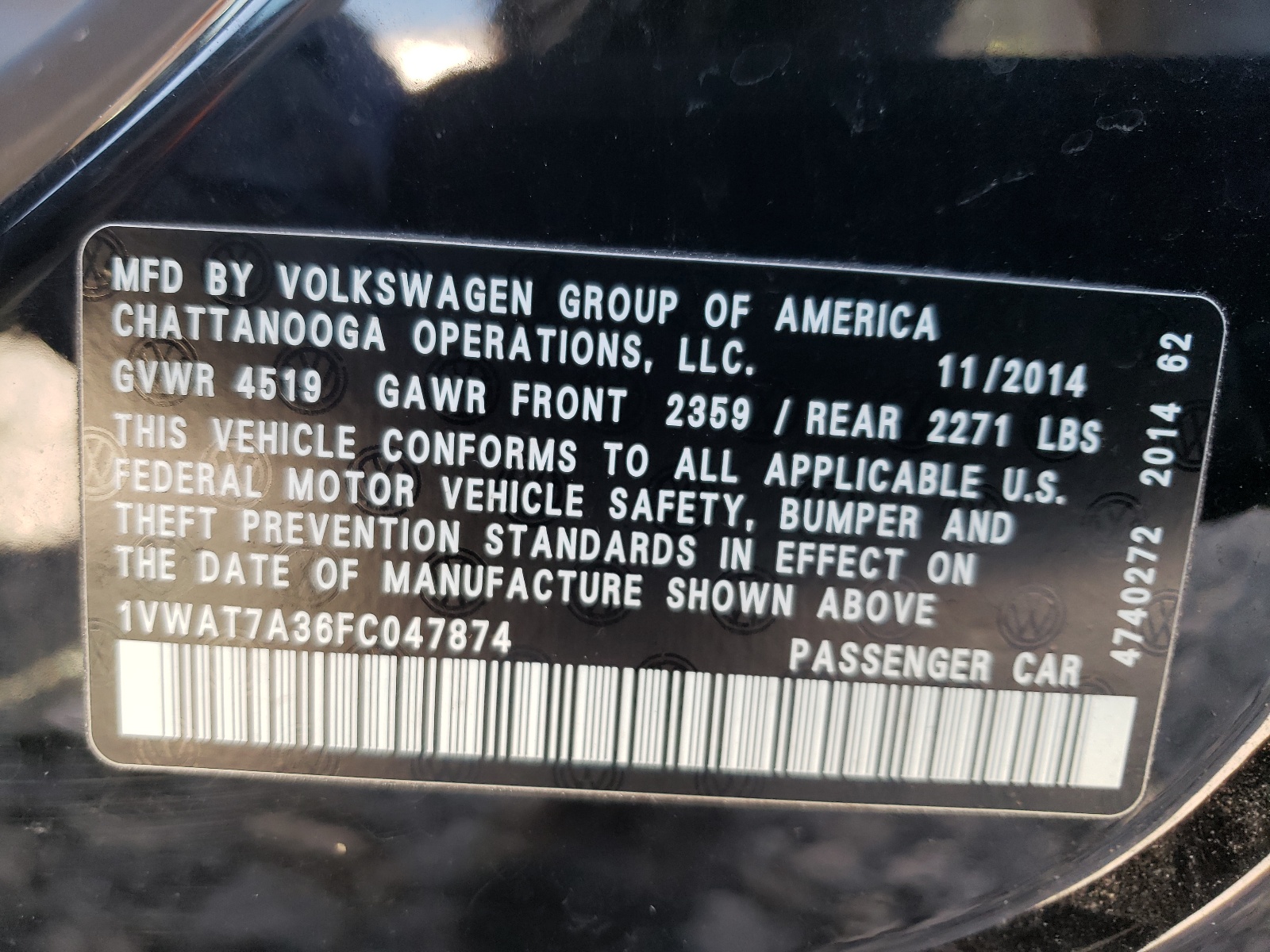 Photo 10 from auction – 2015 VOLKSWAGEN PASSAT S with VIN 1VWAT7A36FC047874