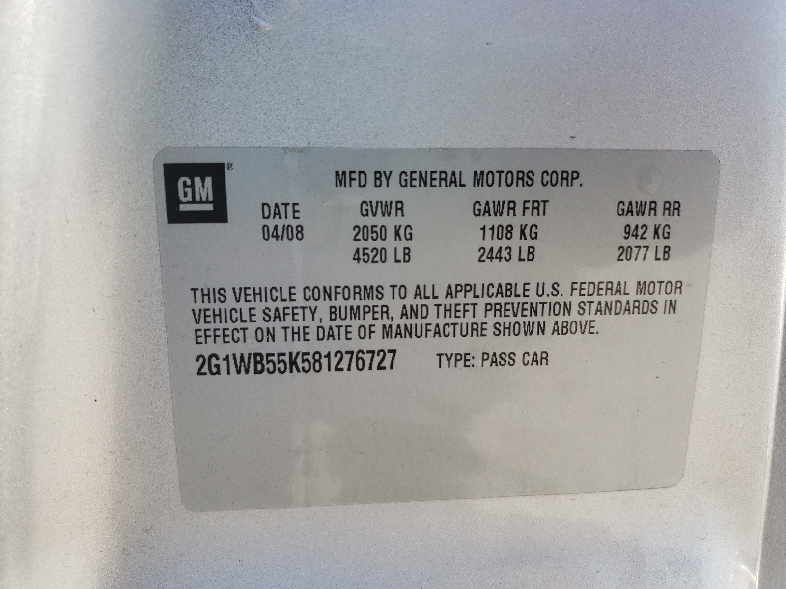 Photo 10 from auction – 2008 CHEVROLET IMPALA LS with VIN 2G1WB55K581276727