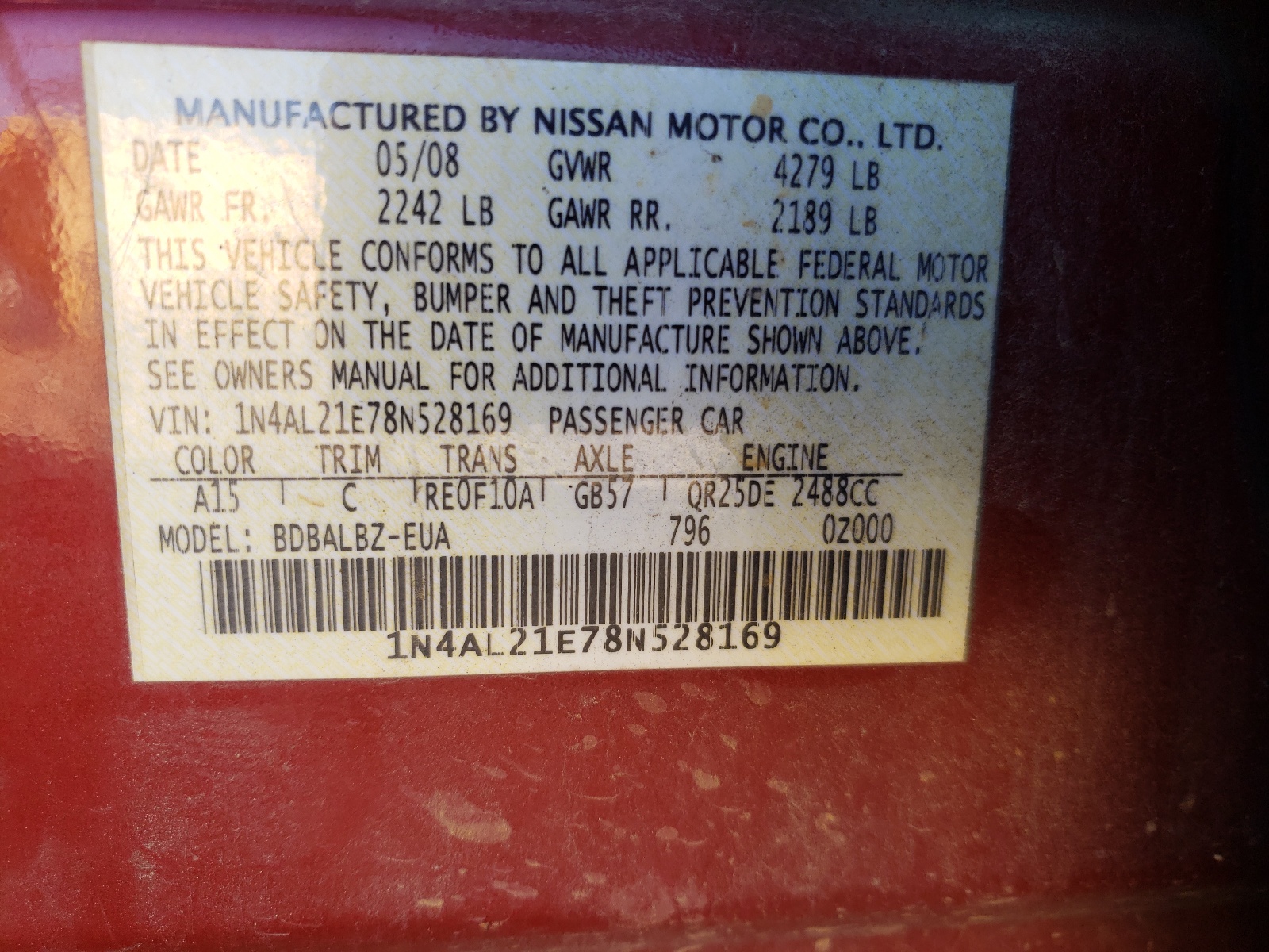 Photo 10 from auction – 2008 NISSAN ALTIMA 2.5 with VIN 1N4AL21E78N528169