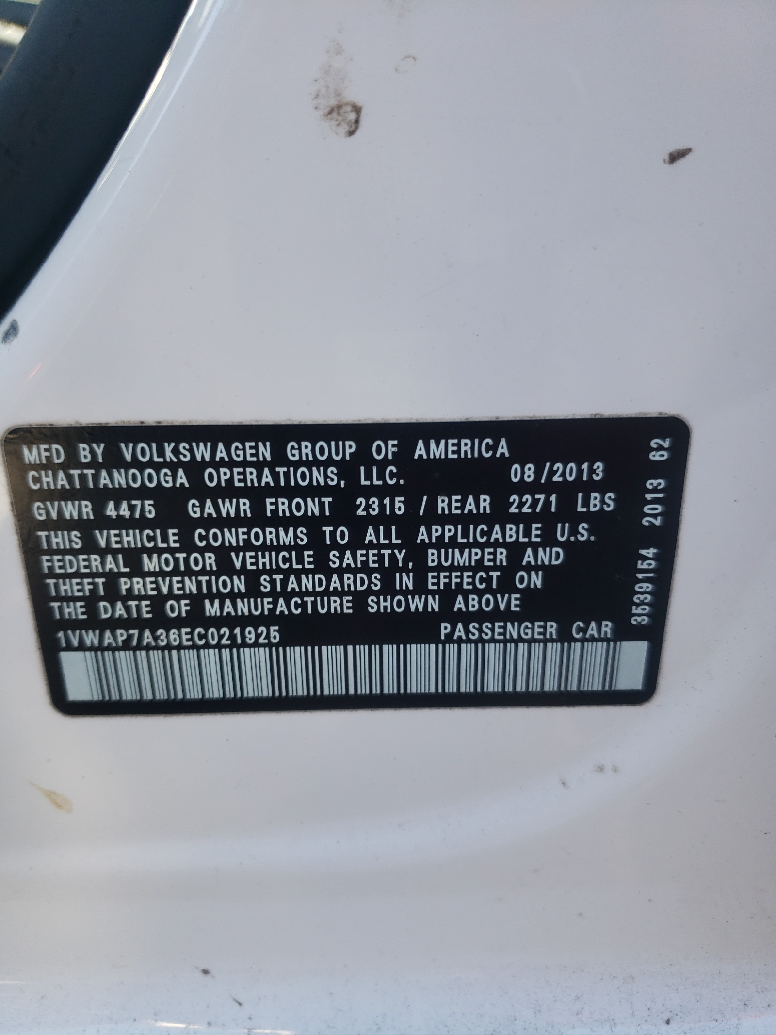 Foto 10 de la subasta – 2014 VOLKSWAGEN PASSAT S con VIN 1VWAP7A36EC021925