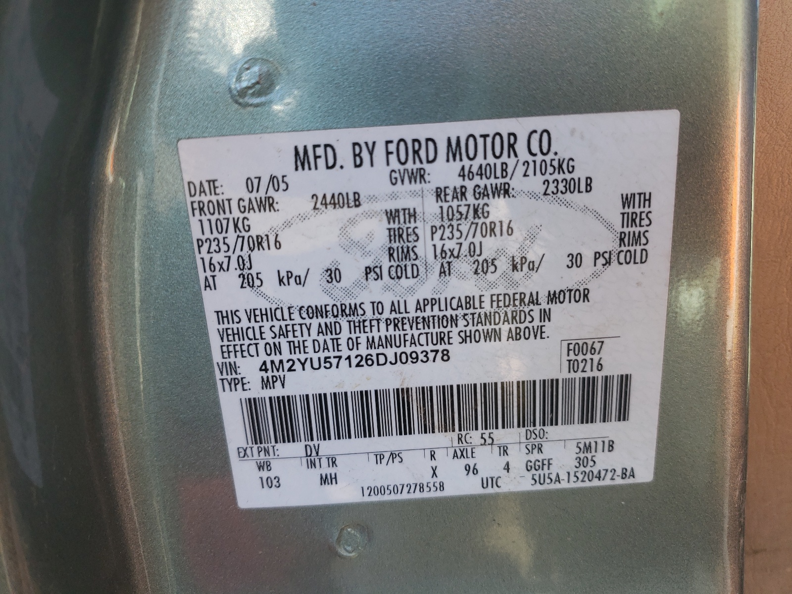 Photo 10 from auction – 2006 MERCURY MARINER with VIN 4M2YU57126DJ09378