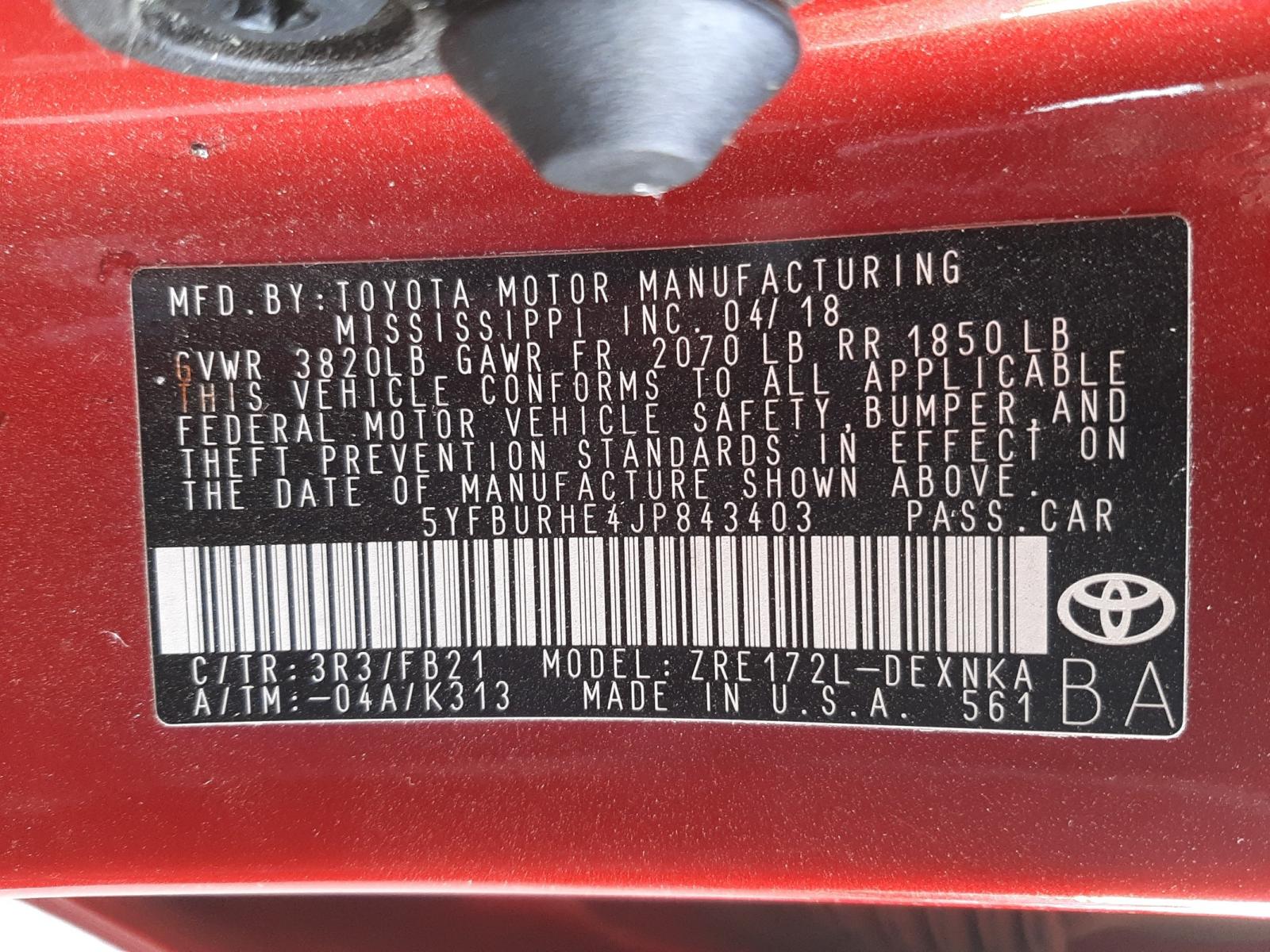 Photo 10 from auction – 2018 TOYOTA COROLLA L with VIN 5YFBURHE4JP843403