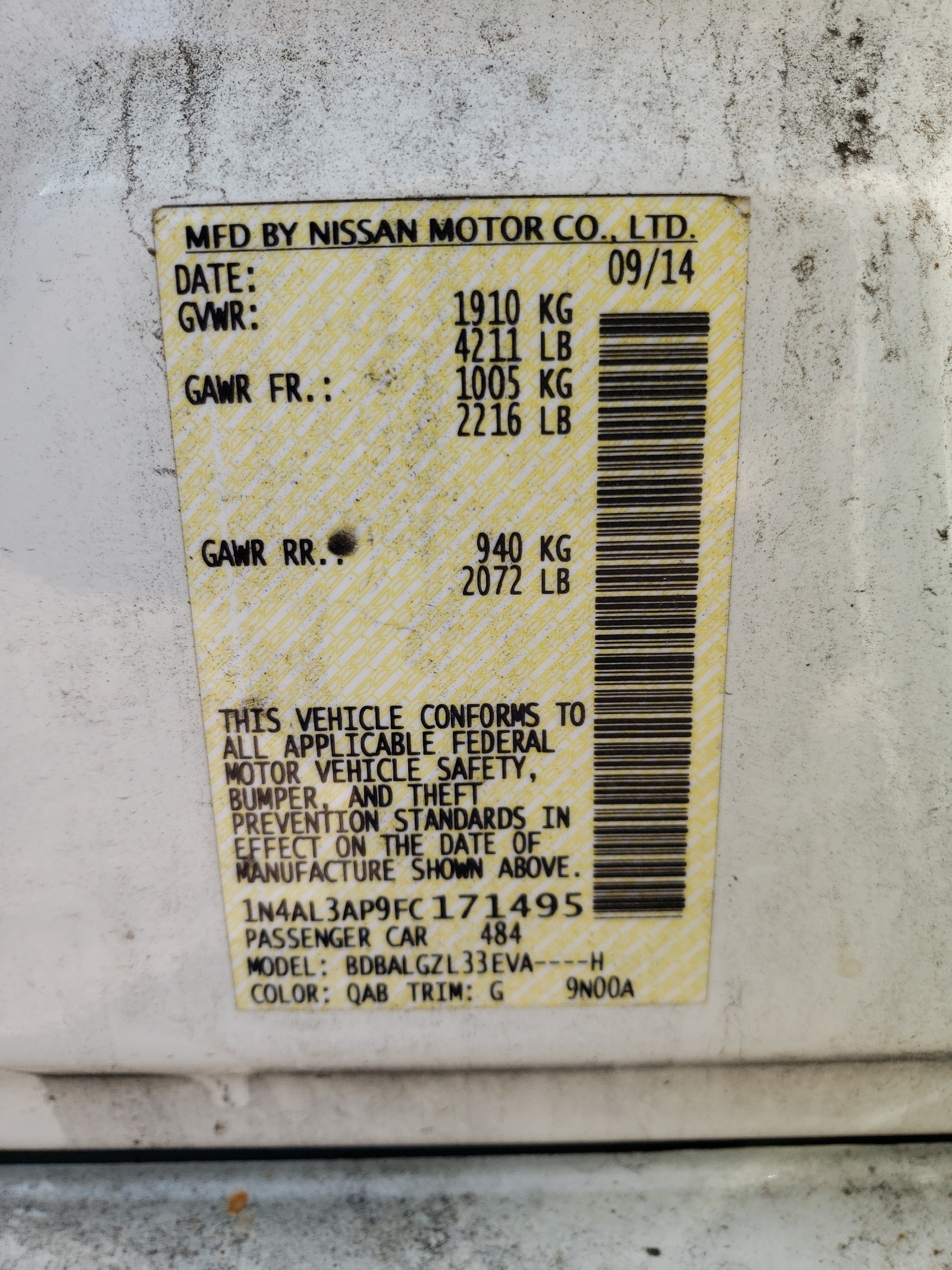 Photo 10 from auction – 2015 NISSAN ALTIMA 2.5 with VIN 1N4AL3AP9FC171495