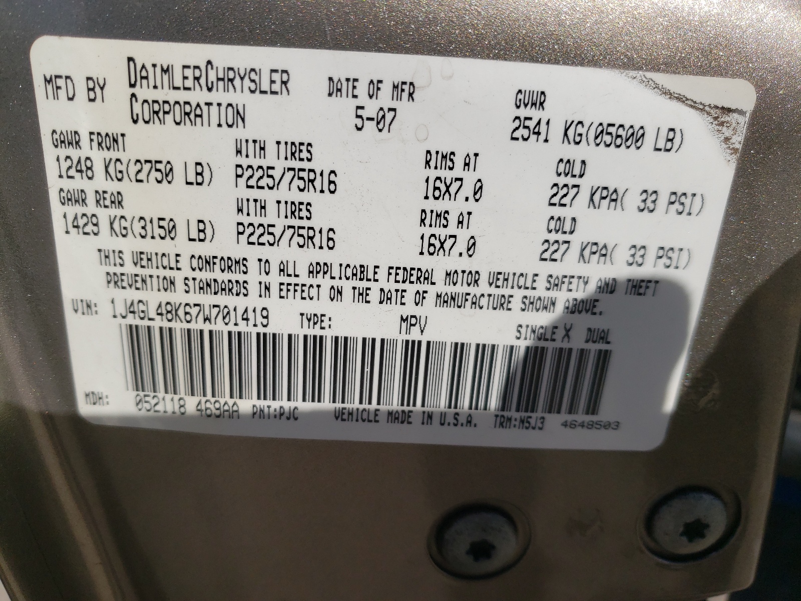 Photo 10 from auction – 2007 JEEP LIBERTY SP with VIN 1J4GL48K67W701419