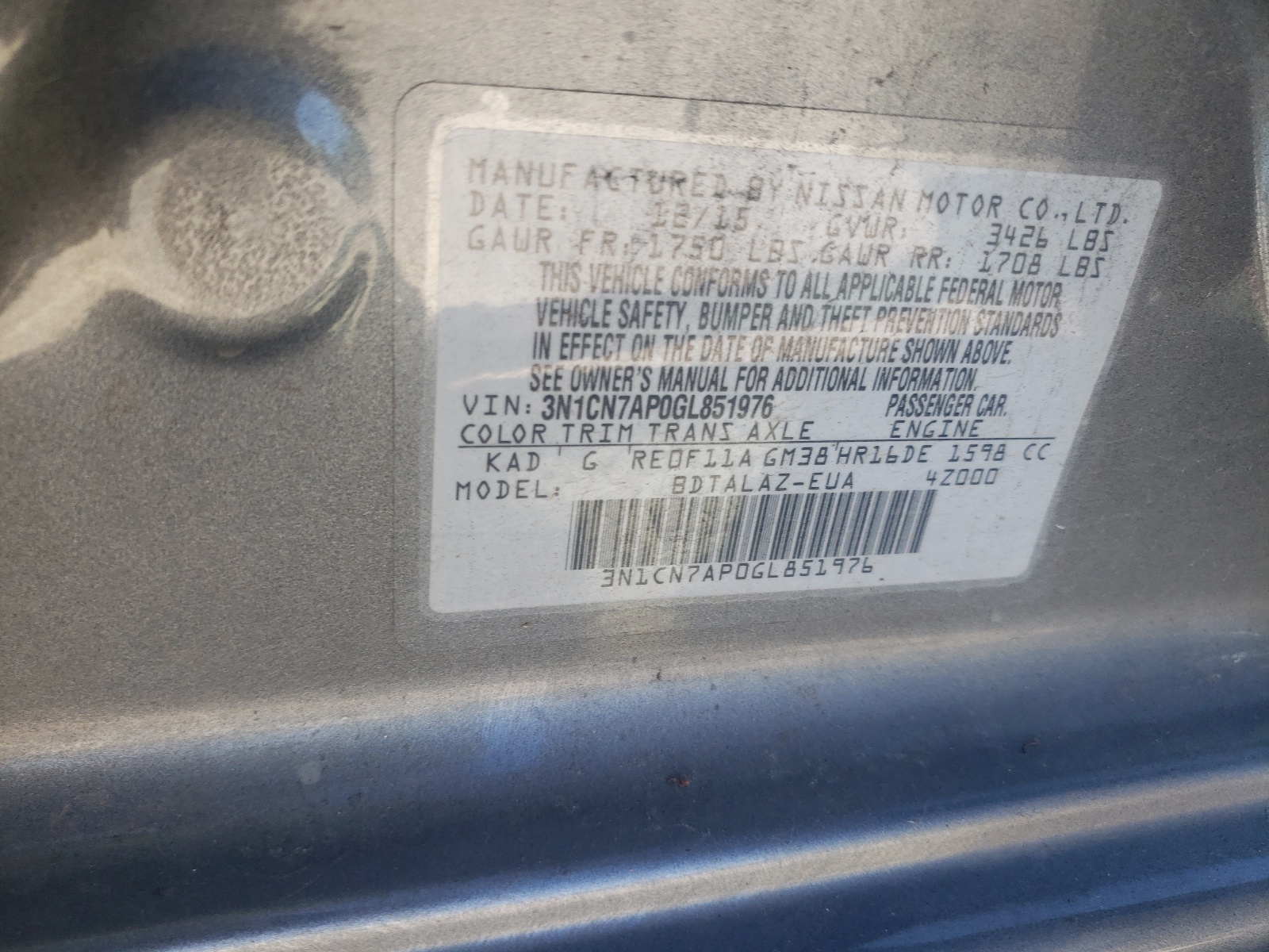 Photo 10 from auction – 2016 NISSAN VERSA S with VIN 3N1CN7AP0GL851976