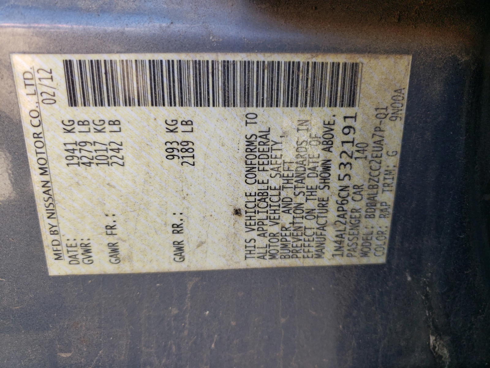 Photo 10 from auction – 2012 NISSAN ALTIMA BAS with VIN 1N4AL2AP6CN532191