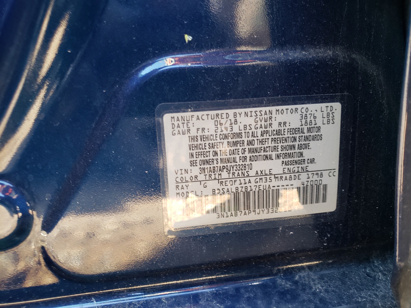 Photo 10 from auction – 2018 NISSAN SENTRA with VIN 3N1AB7AP9JY332810