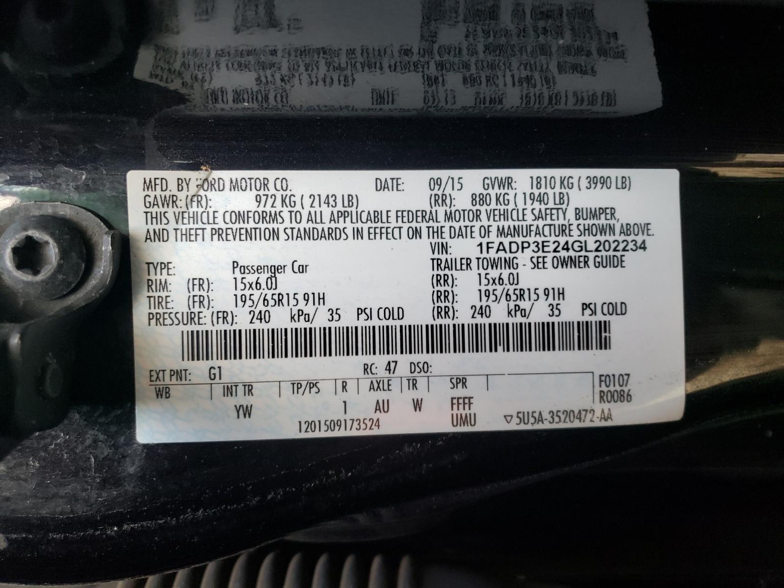 Photo 10 from auction – 2016 FORD FOCUS S with VIN 1FADP3E24GL202234