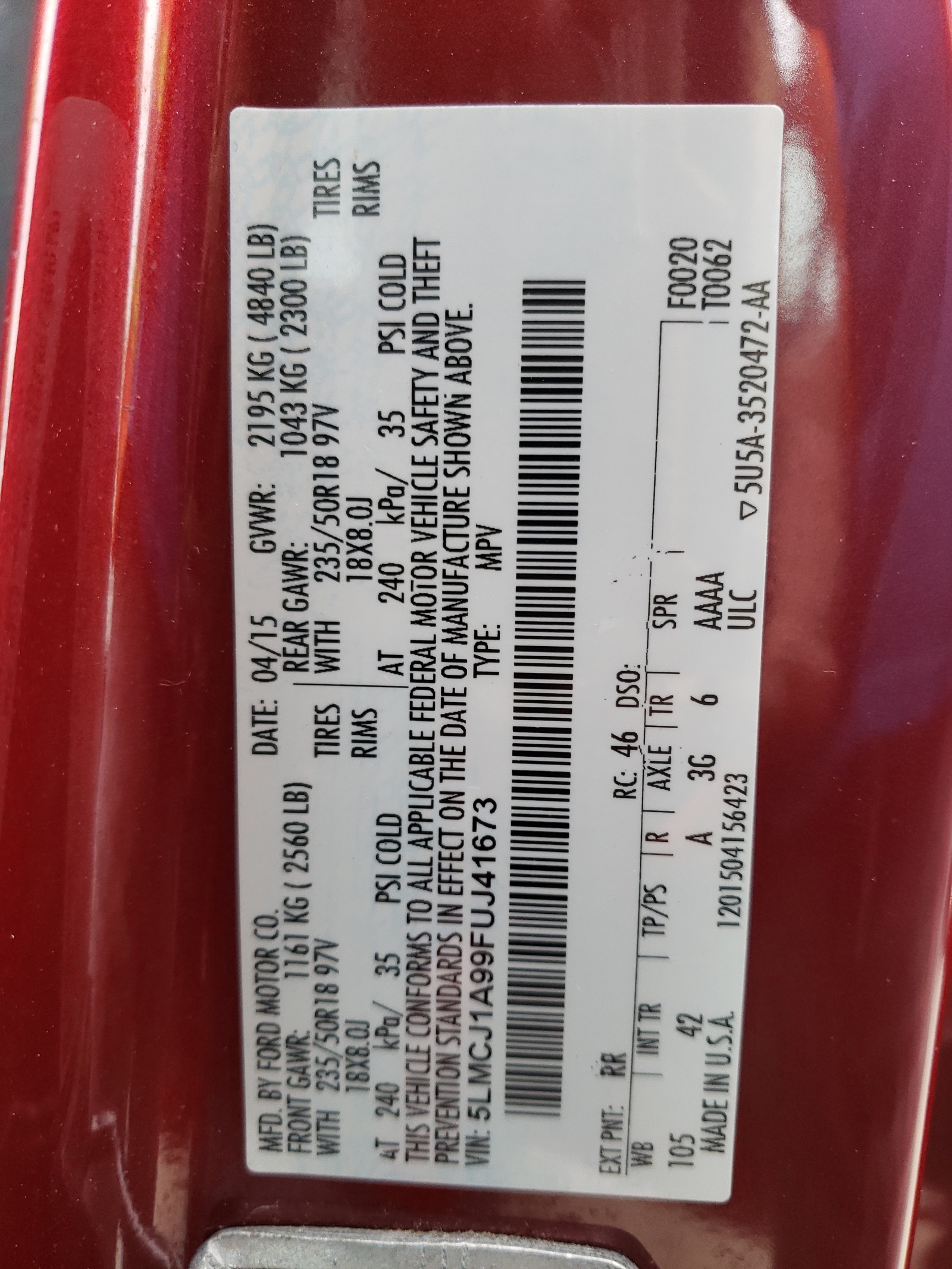 Foto 10 de la subasta – 2015 LINCOLN MKC con VIN 5LMCJ1A99FUJ41673