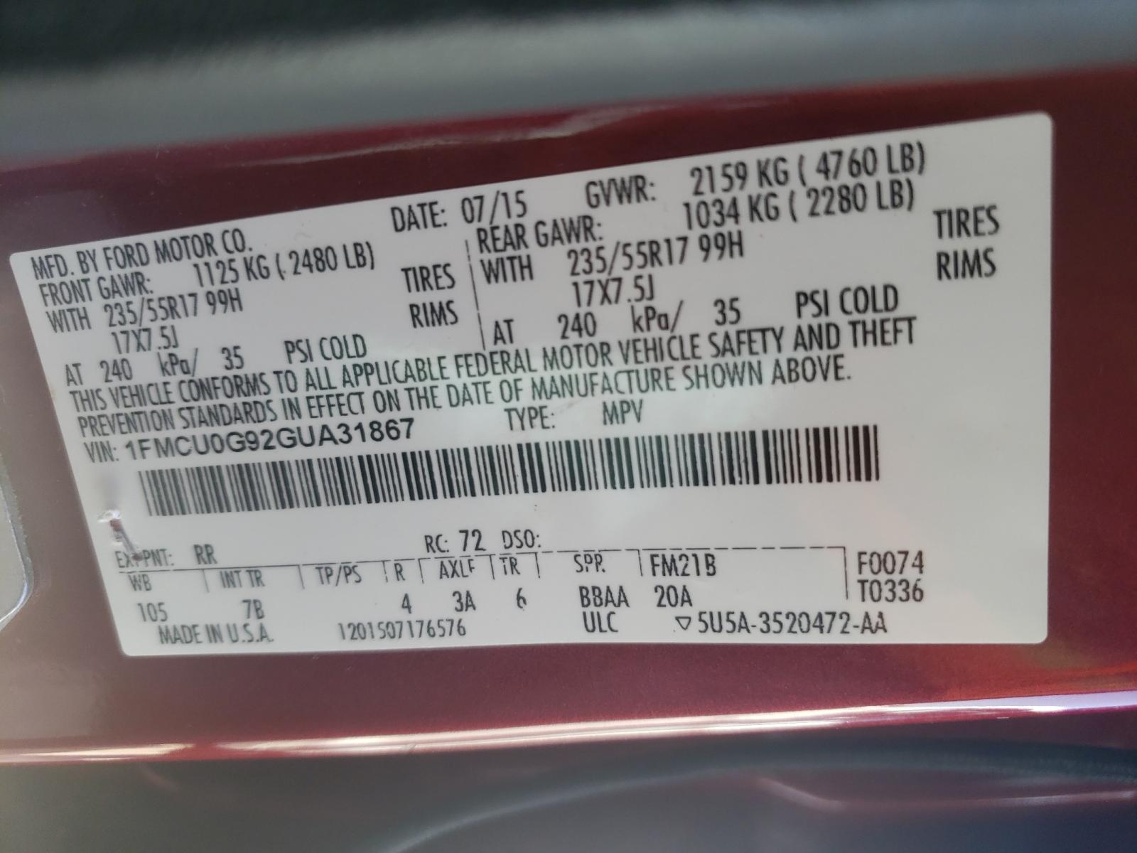 Photo 10 from auction – 2016 FORD ESCAPE SE with VIN 1FMCU0G92GUA31867