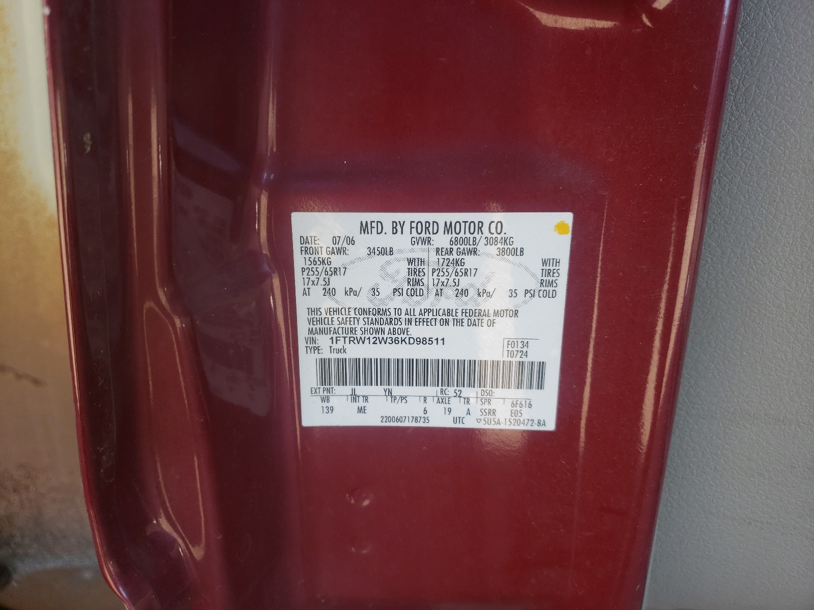 Photo 10 from auction – 2006 FORD F-150 with VIN 1FTRW12W36KD98511
