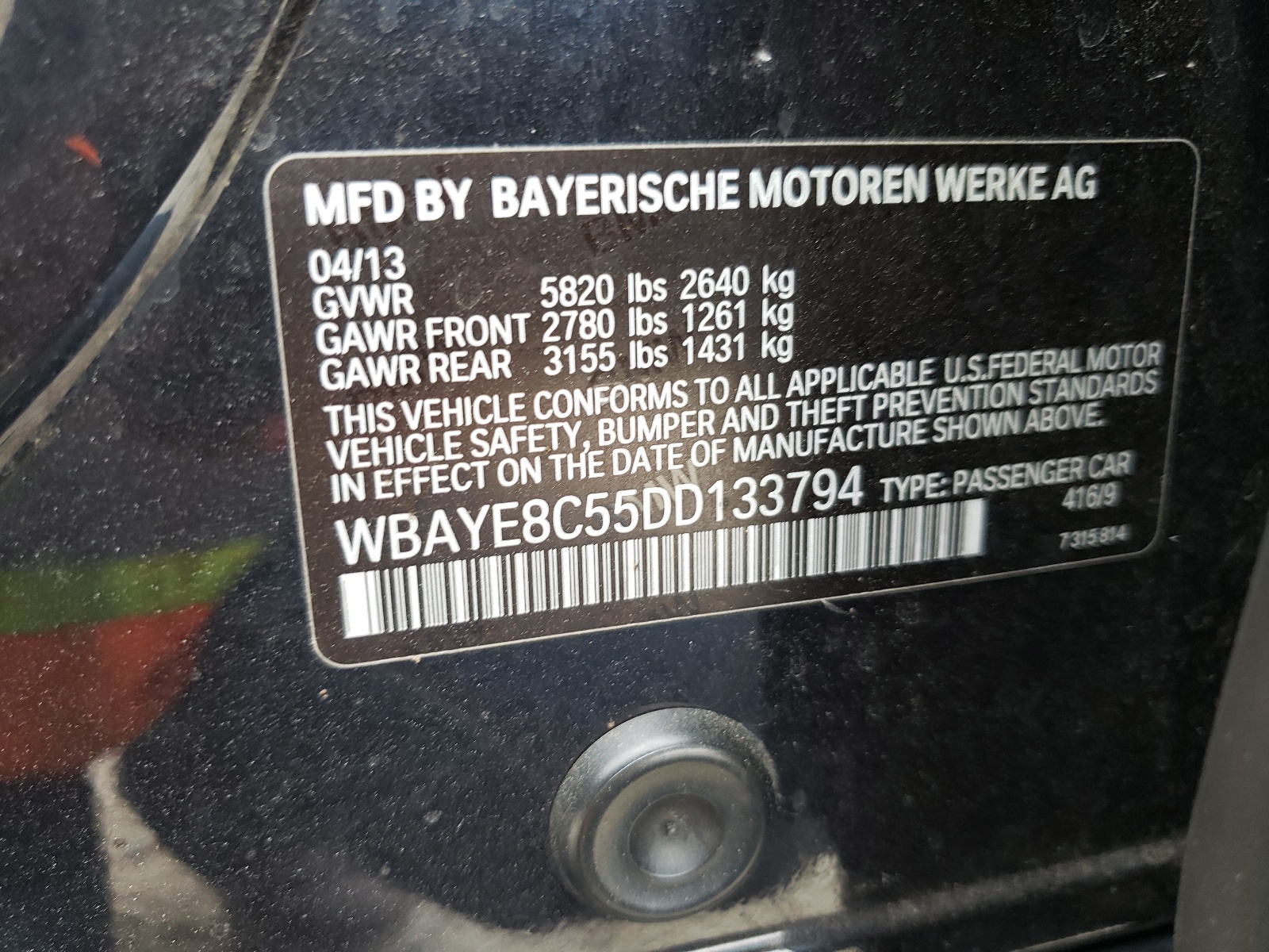 Photo 10 from auction – 2013 BMW 7 SERIES with VIN WBAYE8C55DD133794