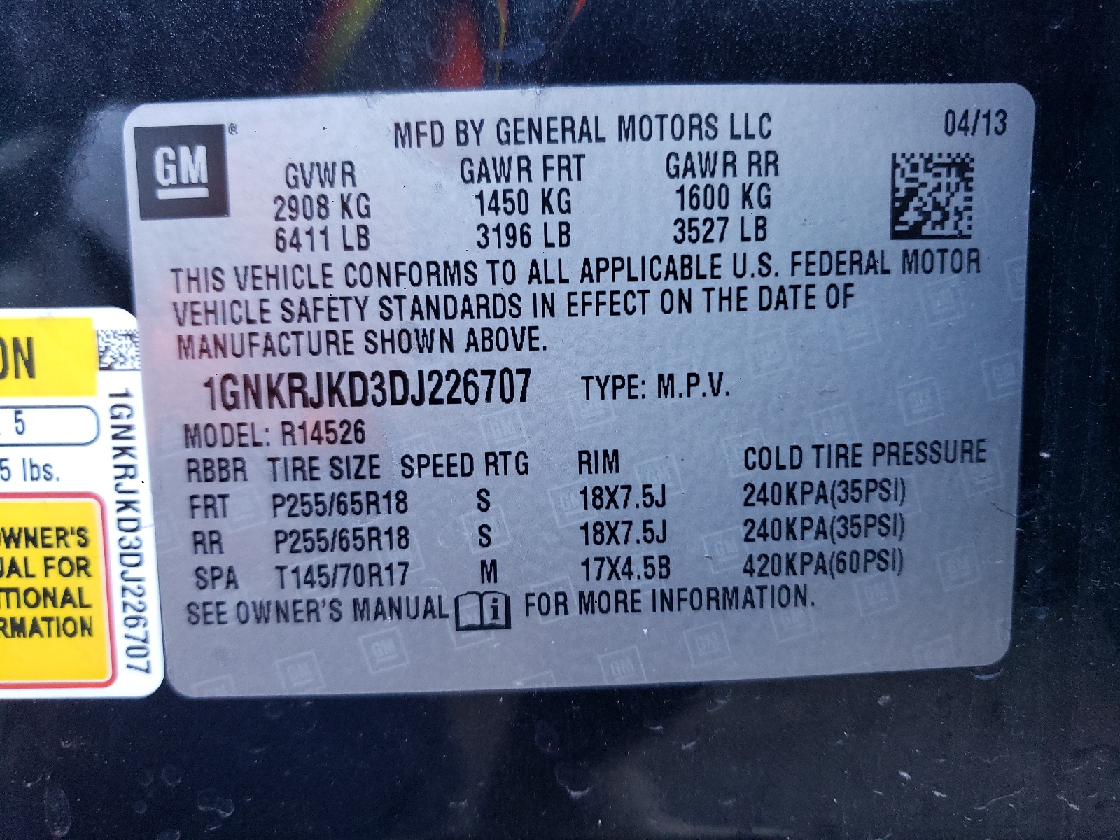 Photo 10 from auction – 2013 CHEVROLET TRAVERSE L with VIN 1GNKRJKD3DJ226707