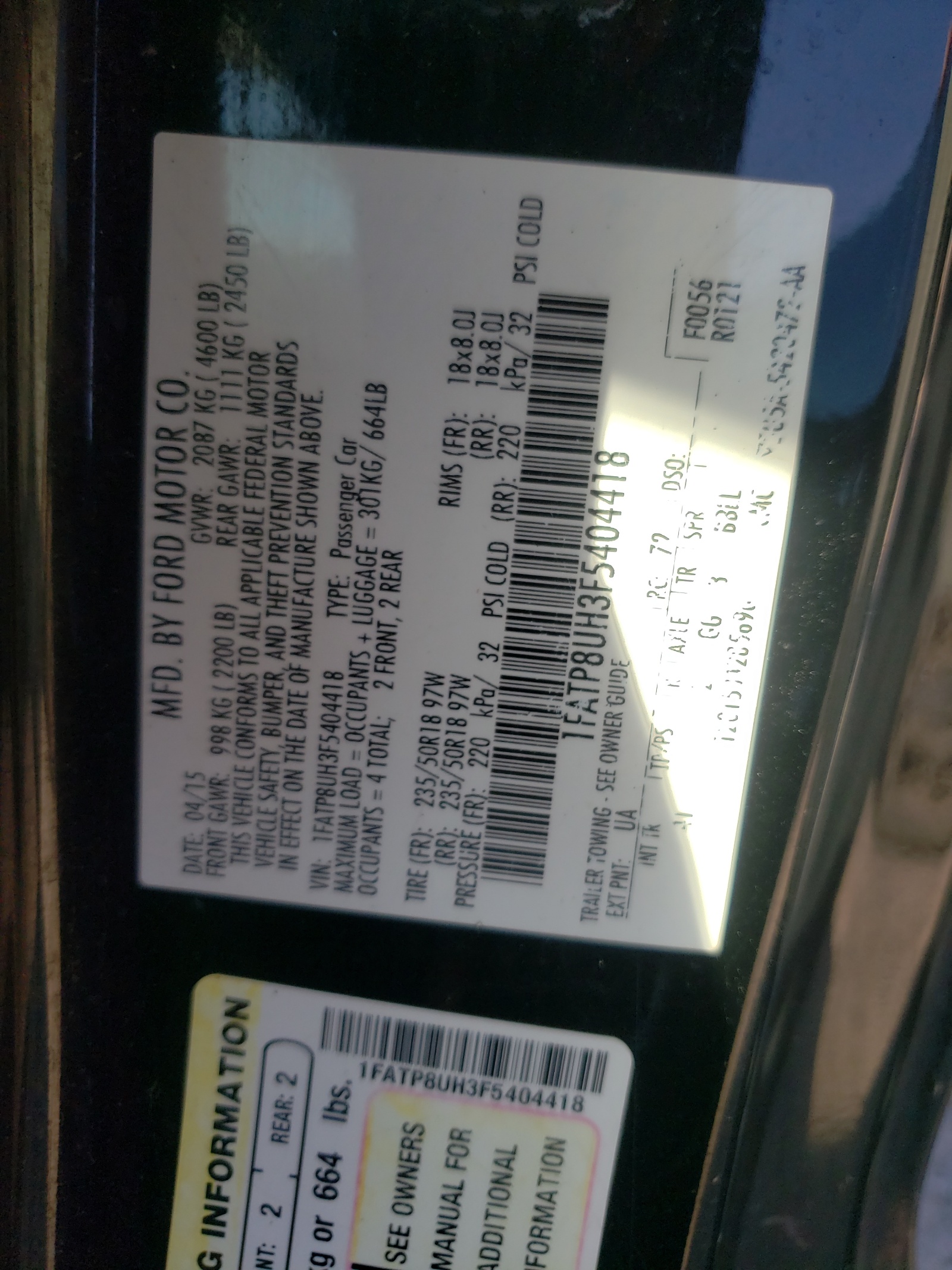 Photo 10 from auction – 2015 FORD MUSTANG with VIN 1FATP8UH3F5404418