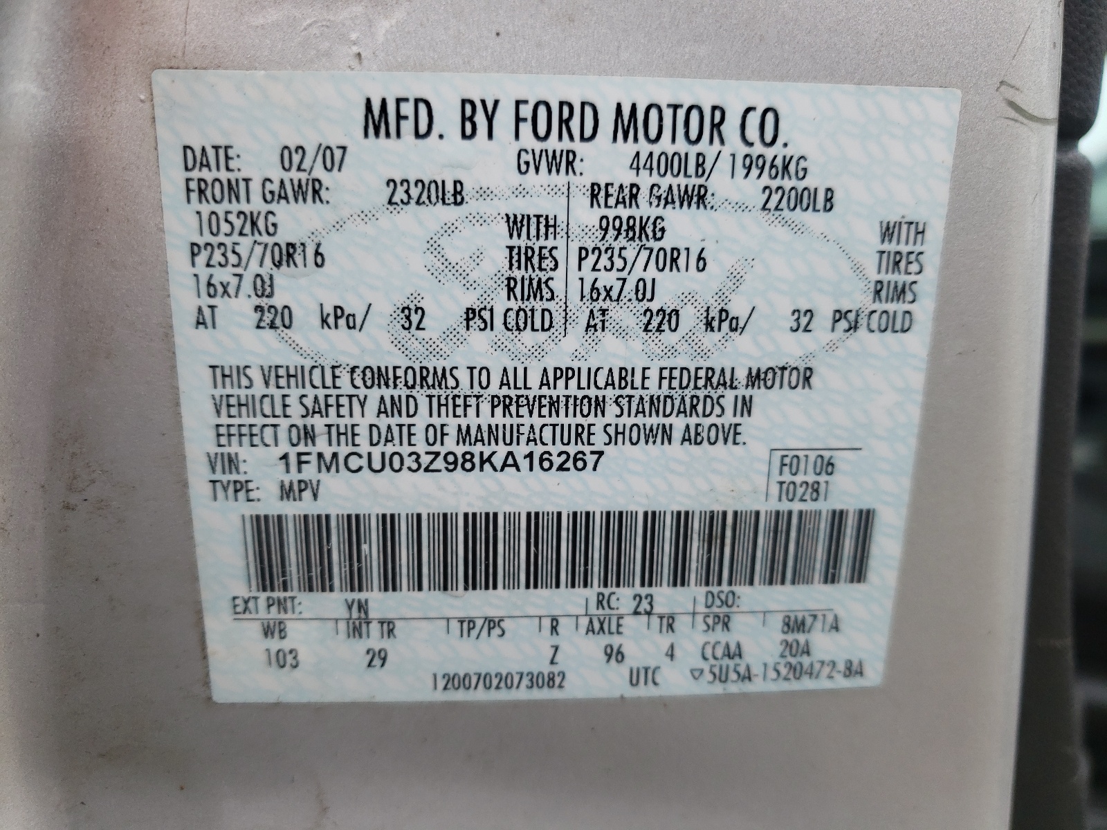 Photo 10 from auction – 2008 FORD ESCAPE XLT with VIN 1FMCU03Z98KA16267