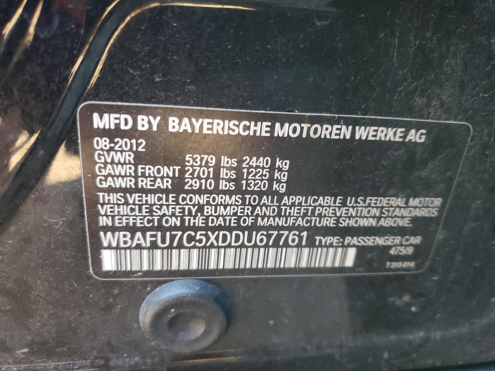 Photo 10 from auction – 2013 BMW 535 XI with VIN WBAFU7C5XDDU67761