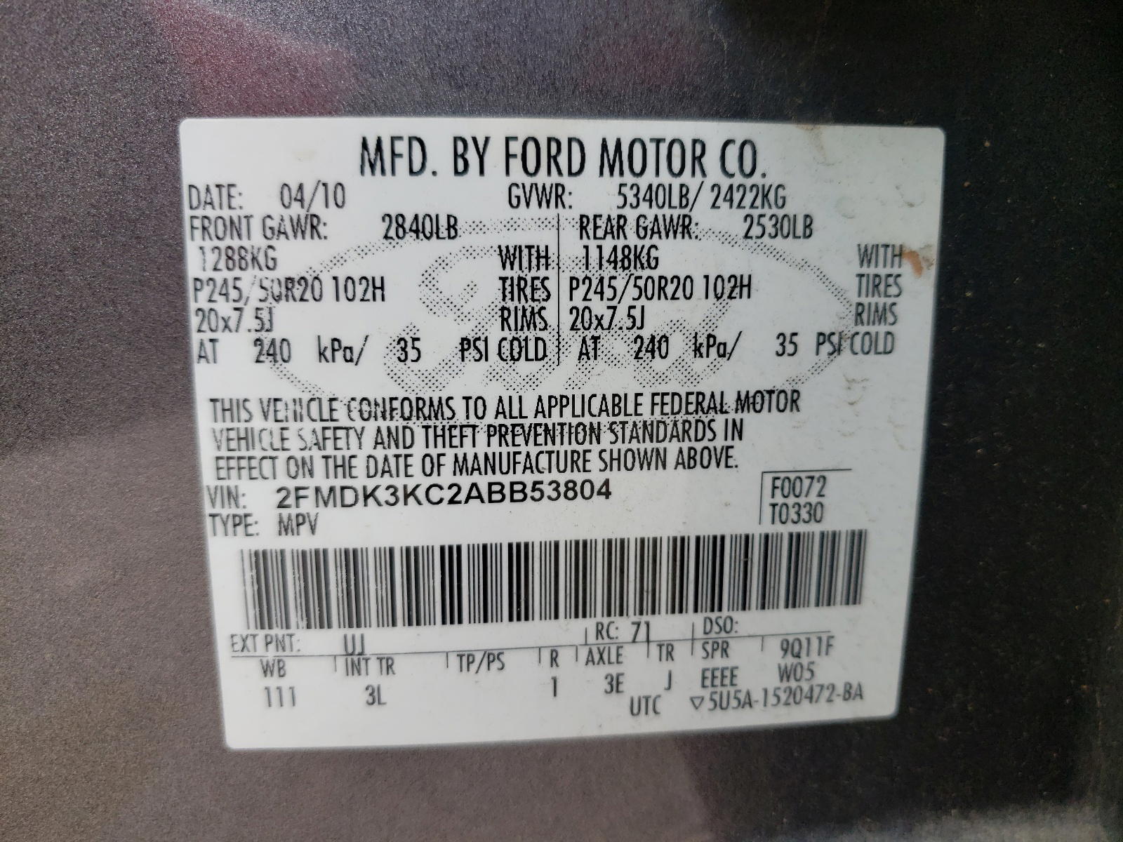 Photo 10 from auction – 2010 FORD EDGE LIMIT with VIN 2FMDK3KC2ABB53804
