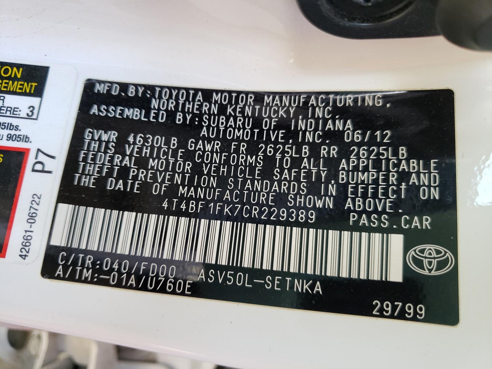 Photo 10 from auction – 2012 TOYOTA CAMRY BASE with VIN 4T4BF1FK7CR229389