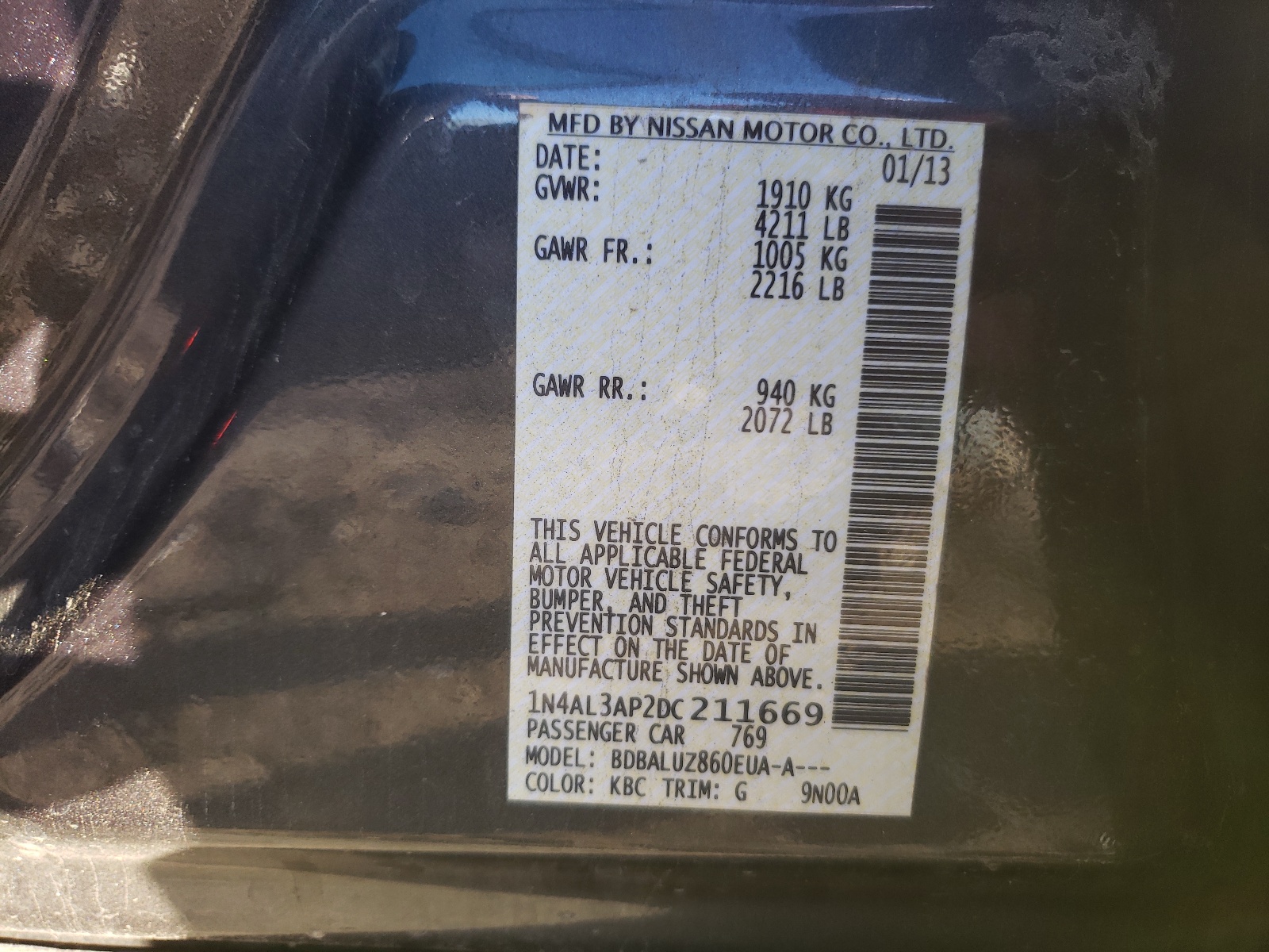 Photo 10 from auction – 2013 NISSAN ALTIMA 2.5 with VIN 1N4AL3AP2DC211669