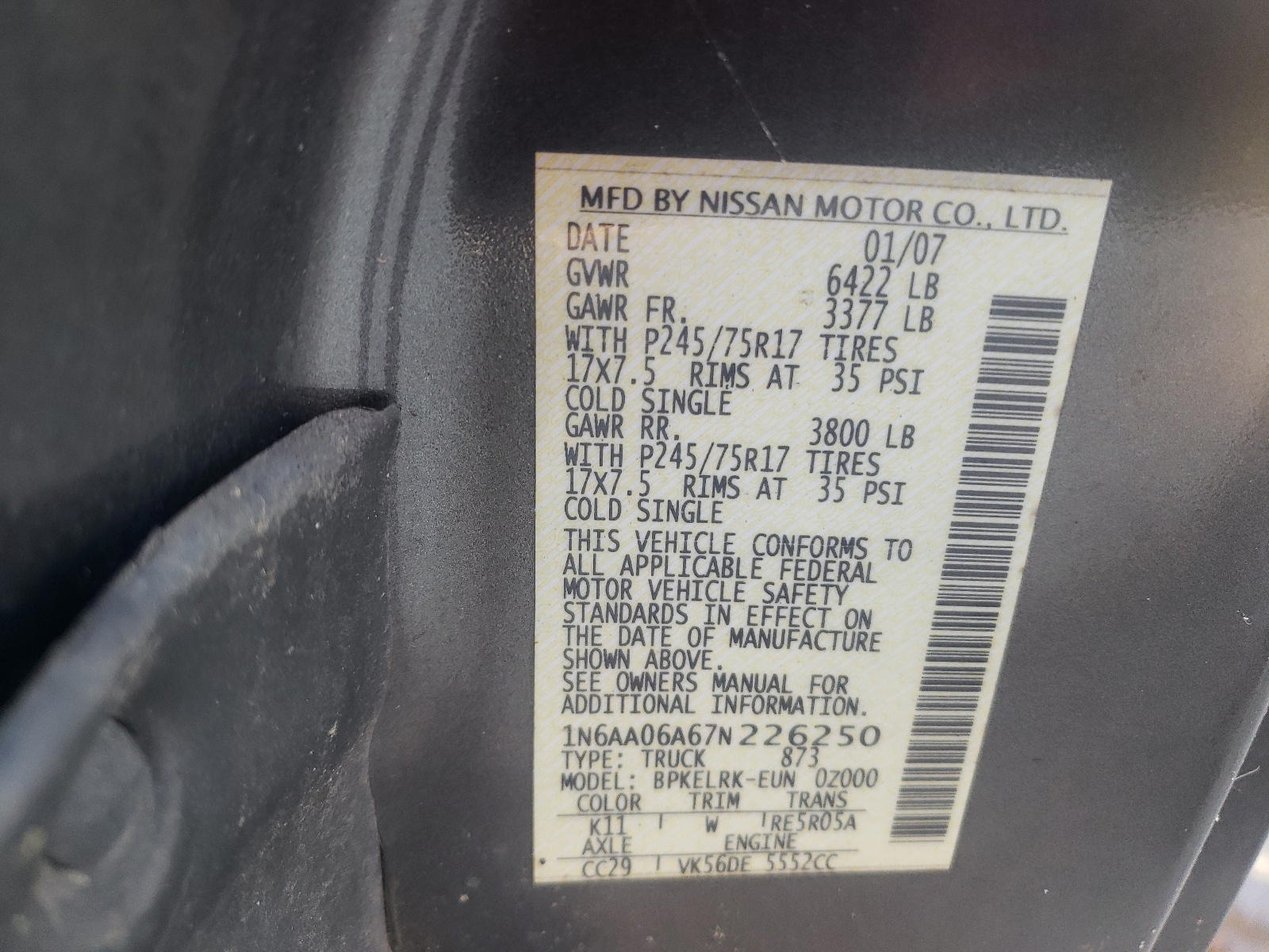 Photo 10 from auction – 2007 NISSAN TITAN with VIN 1N6AA06A67N226250