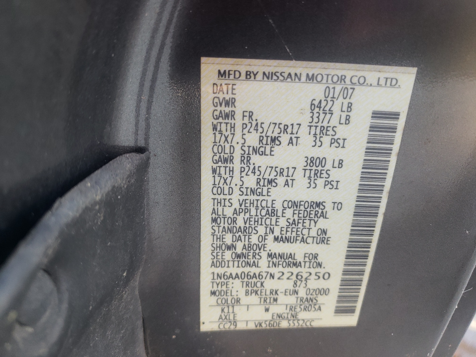 Zdjęcie 10 z aukcji – 2007 NISSAN TITAN z VIN 1N6AA06A67N226250