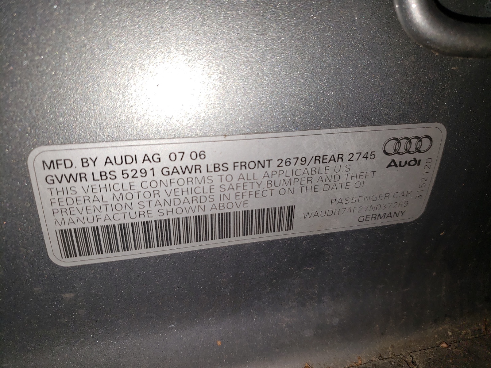 Photo 10 from auction – 2007 AUDI A6 3.2 QUA with VIN WAUDH74F27N037269