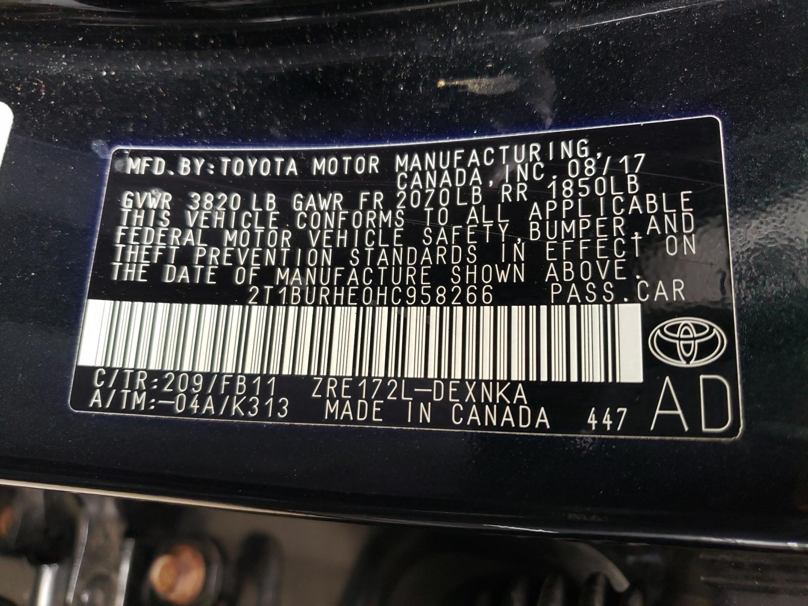 Photo 10 from auction – 2017 TOYOTA COROLLA L with VIN 2T1BURHE0HC958266