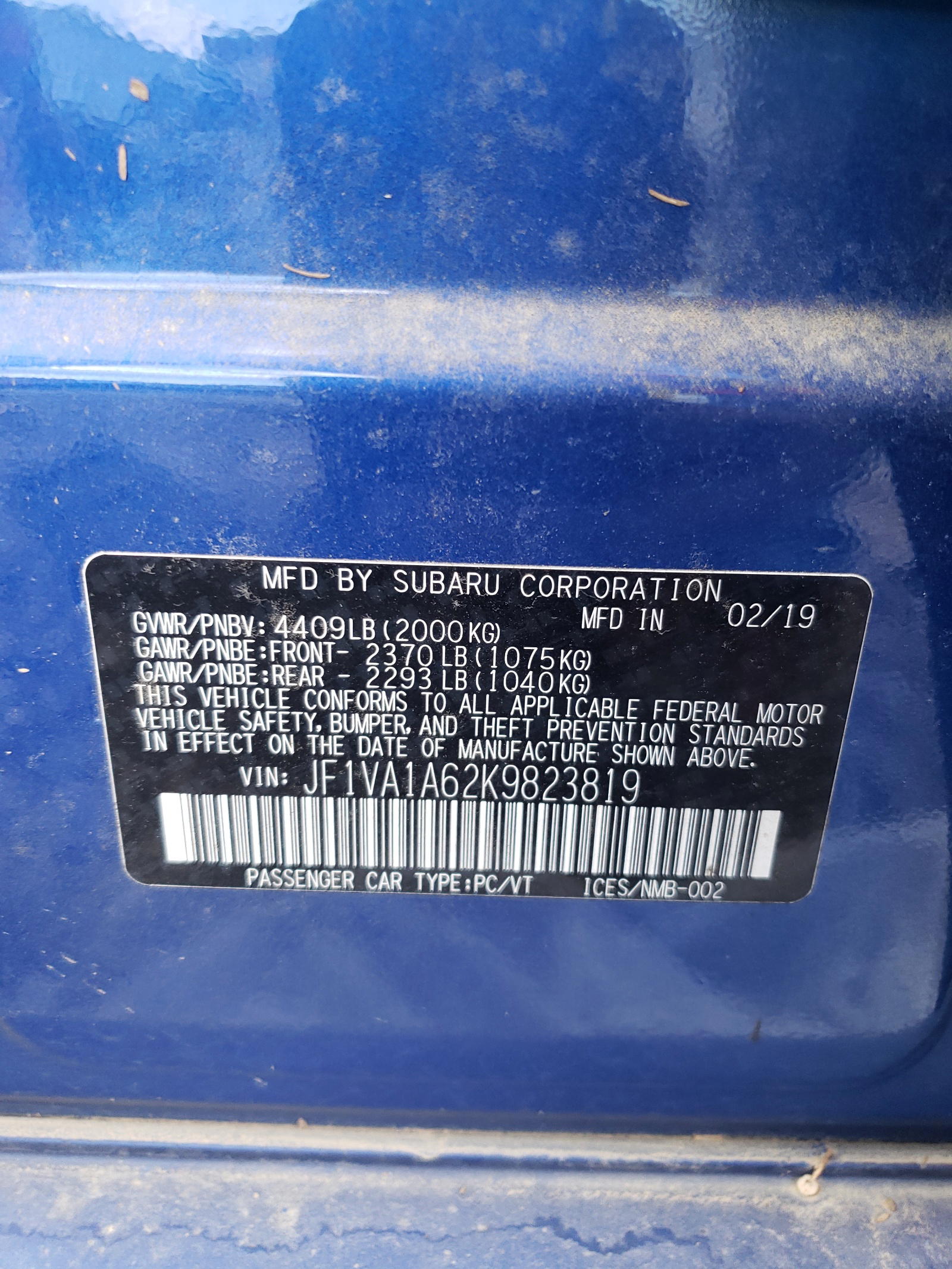 Photo 10 from auction – 2019 SUBARU WRX with VIN JF1VA1A62K9823819