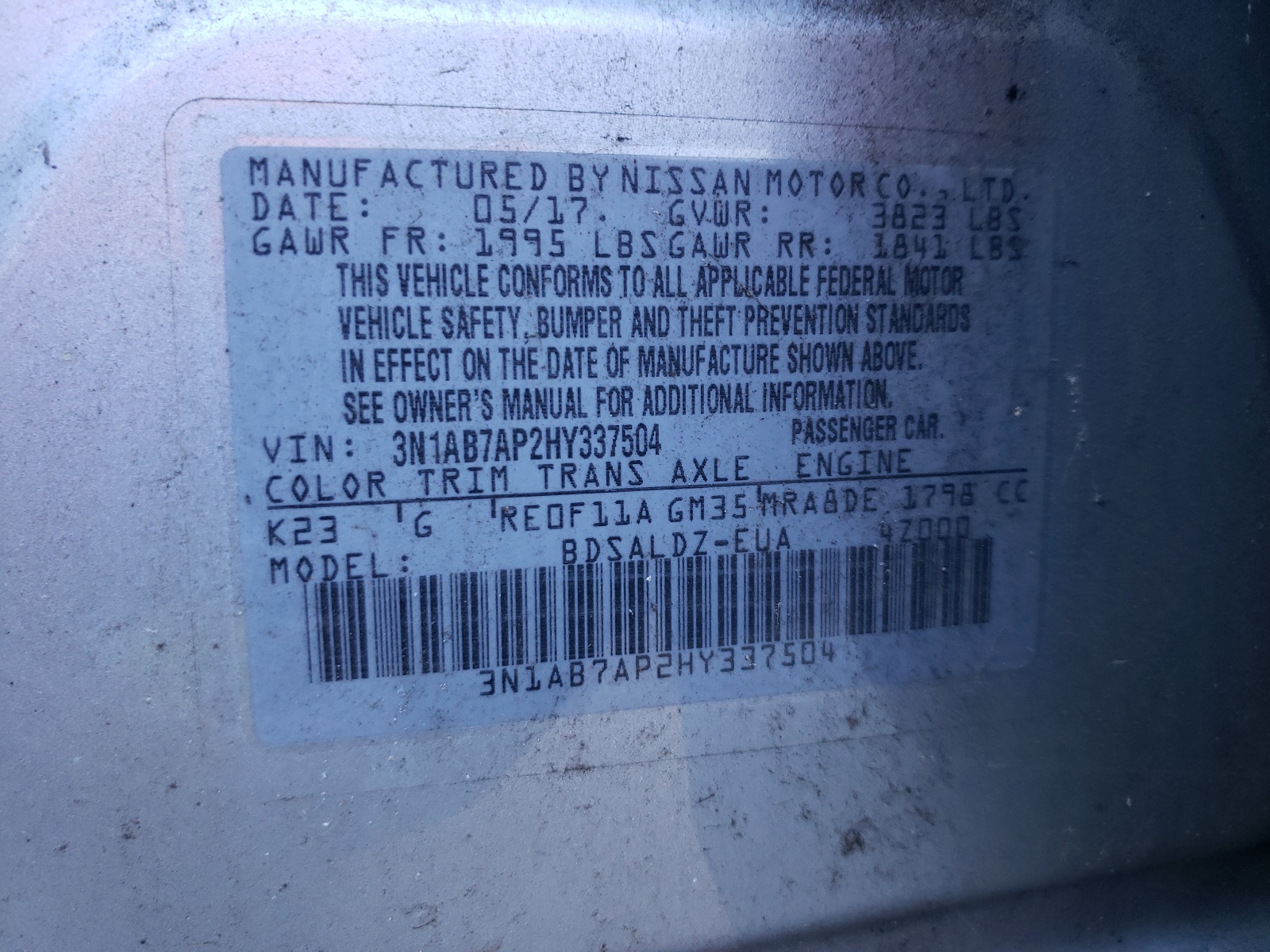 Photo 10 from auction – 2017 NISSAN SENTRA S with VIN 3N1AB7AP2HY337504
